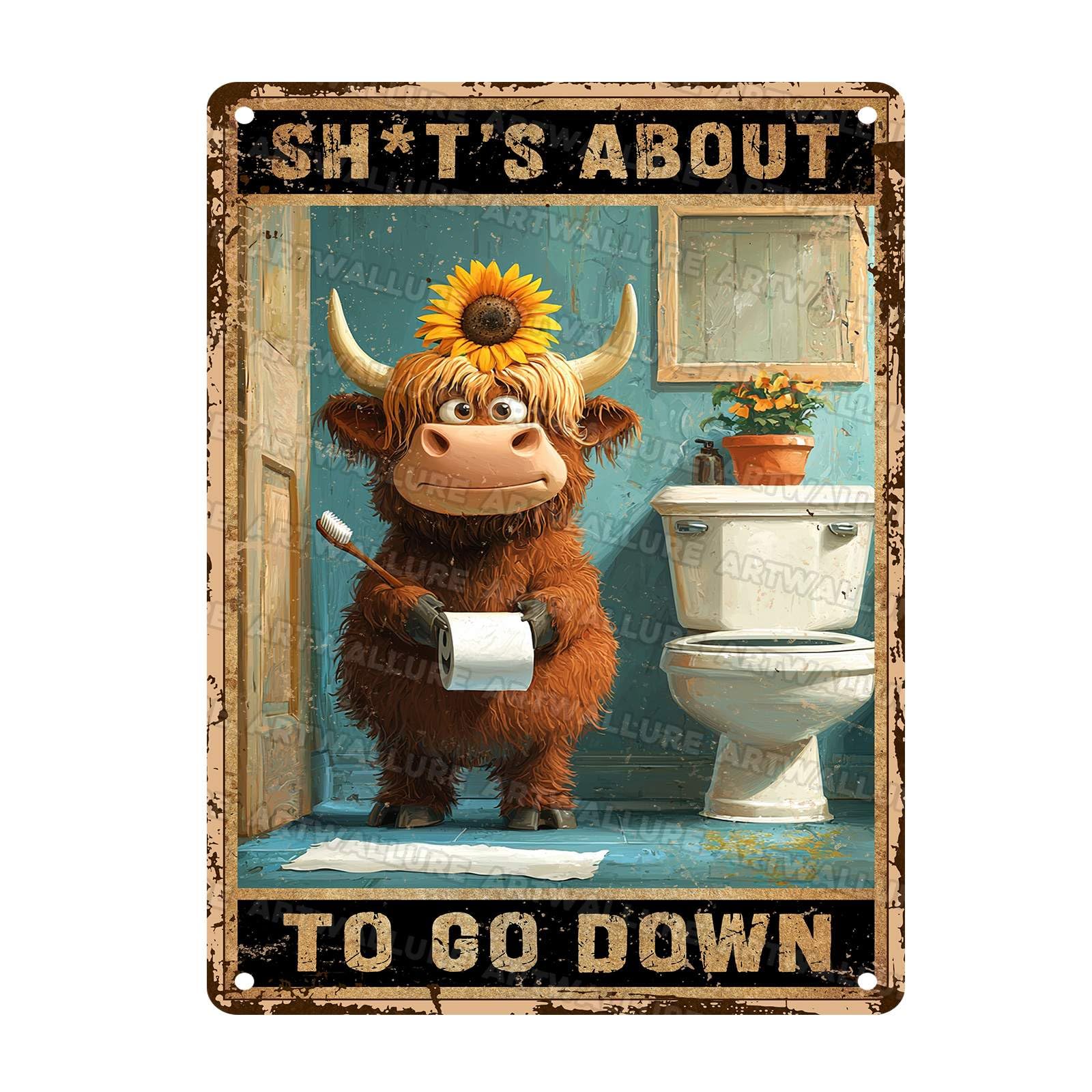 Highland Cattle Sign for Home Bathroom Wall Decor Vintage Metal Sign Bathroom Toilet Restroom Wall Decorations Metal Poster 12X16Inch