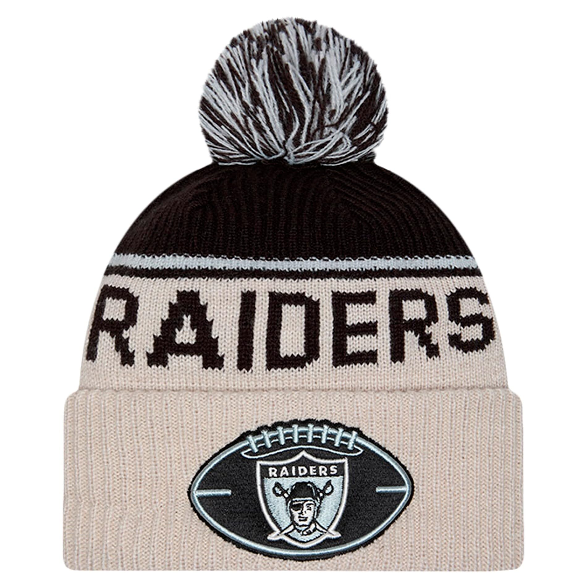 New Era Unisex Las Vegas Raiders - Black -Adult Nfl Team Color Cream Official Sideline Historic Cuffed Knit Pom Beanie Cold Weather Knit Hat, One Size