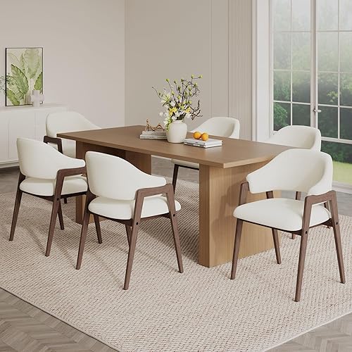 Wooden Dining Chairs Set of 6, Modern Fabric Upholstered Dining Room Chair, Kitchen Side Chairs, Farmhouse Dinner Chair with Curved Open Back for Kitchen, Beige