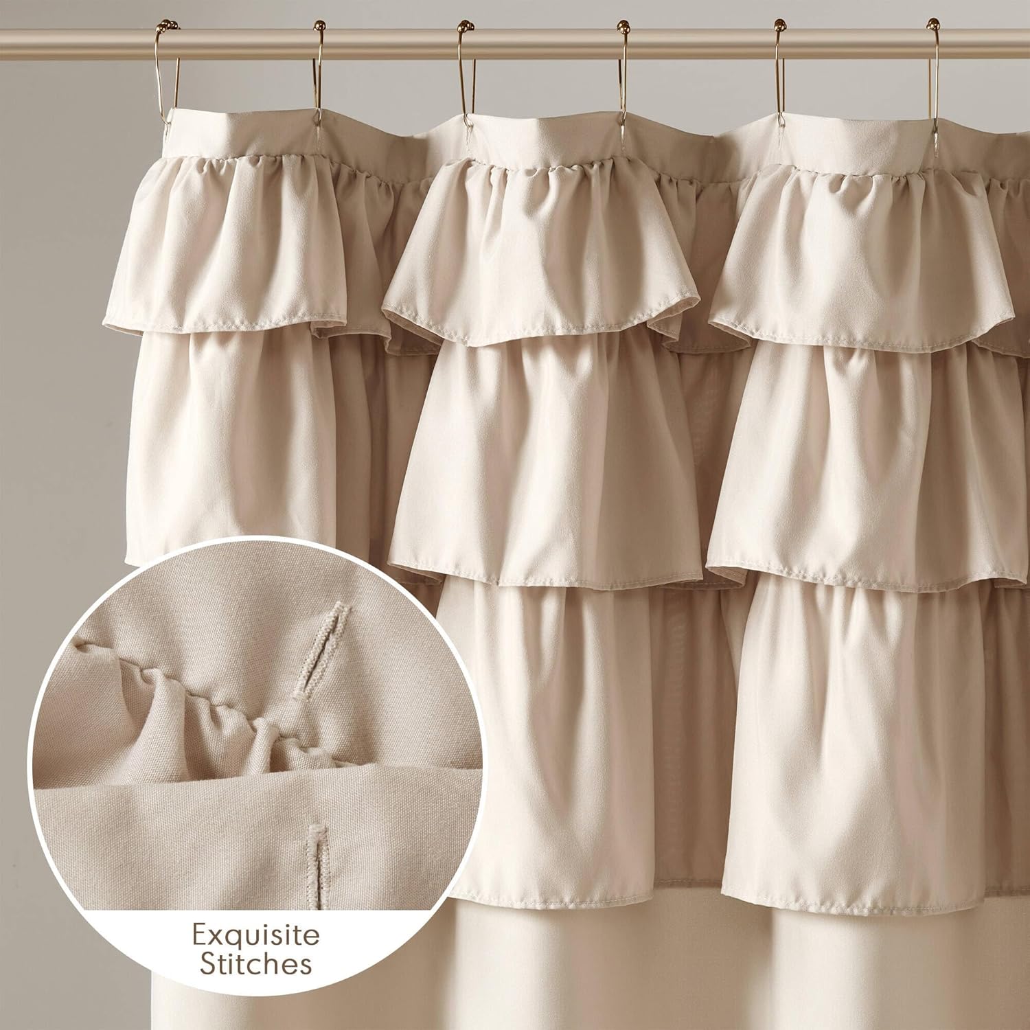 Madison Park Grace Ruffle Shower Curtain, Shabby Chic Ruffled Design, Farmhouse Cottage Bathroom Decor, Machine Washable, Fabric Privacy Screen Long 72x84, Beige