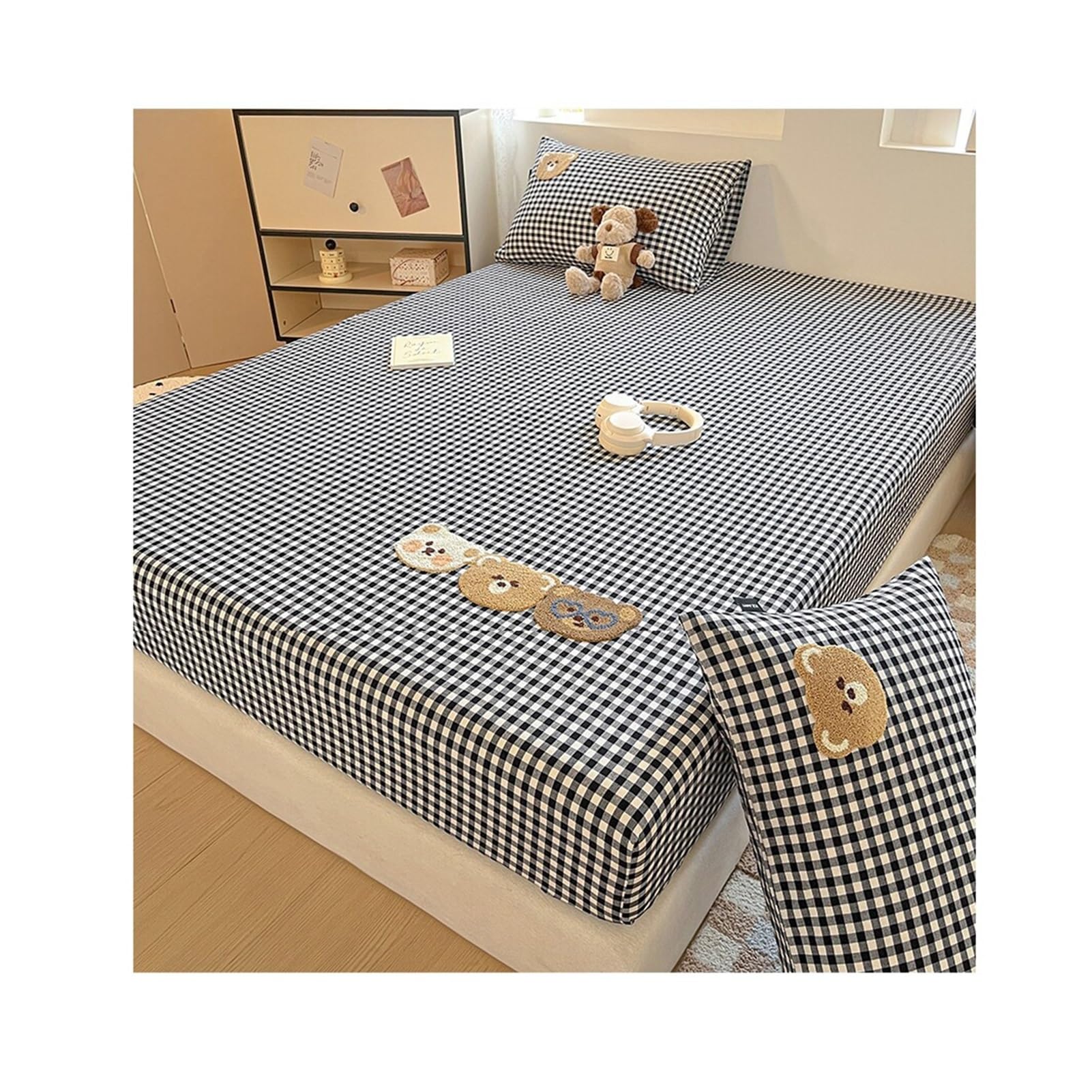 Drap-Housse 120x200cm 150x200cm 180x200cm Bonnet 24cm à Carreaux Rayés en Coton Lavé Drap de Matelas en Coton for Matelas Fin(Gray Plaid,120x200cm+48x74cm x2)