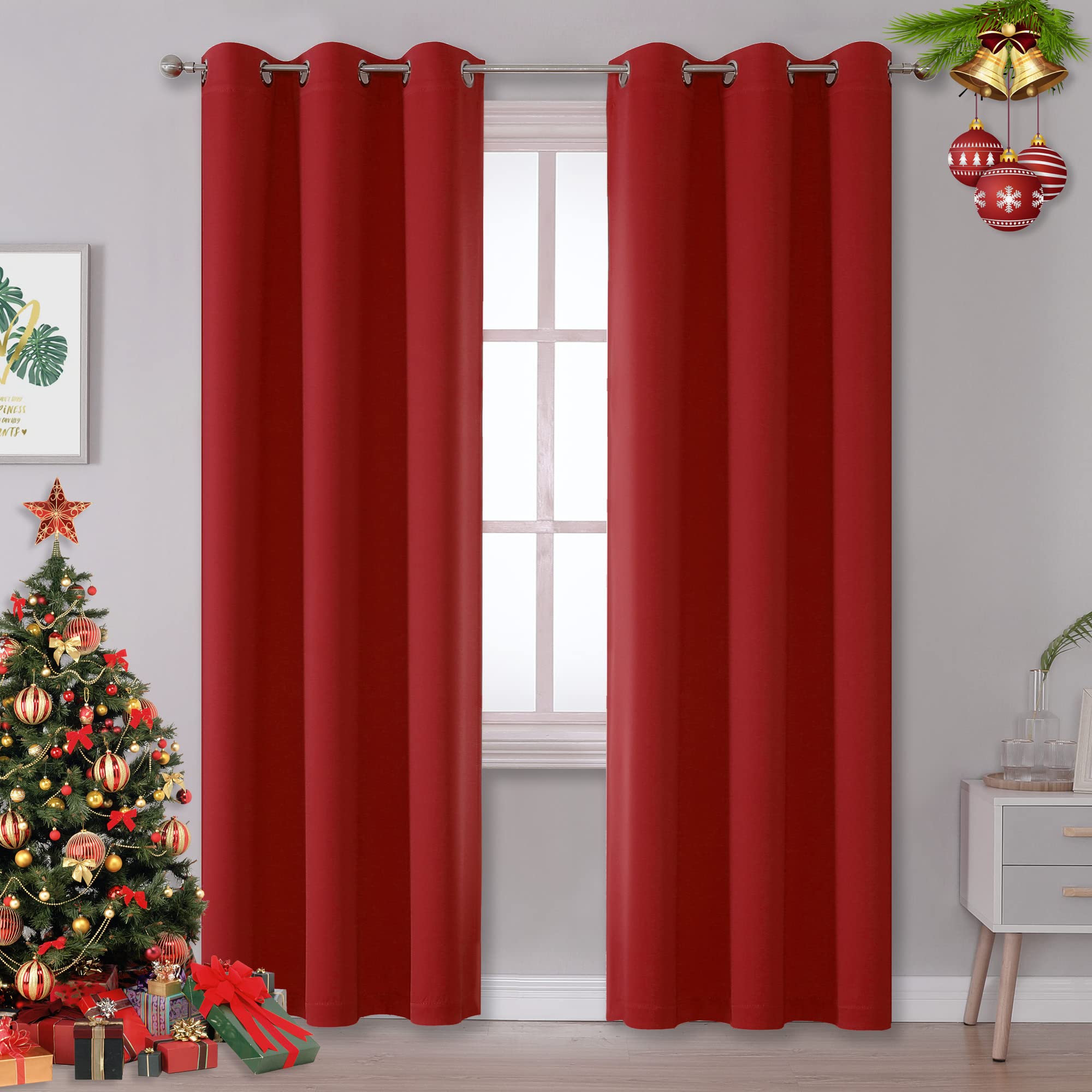 DUALIFE Christmas Red Blackout Curtains for Bedroom 84 Inches Long Room Darkening Thermal Insulated Curtain Panels with Grommet Top Window Drapes for Living Room 42x84 Inch Length