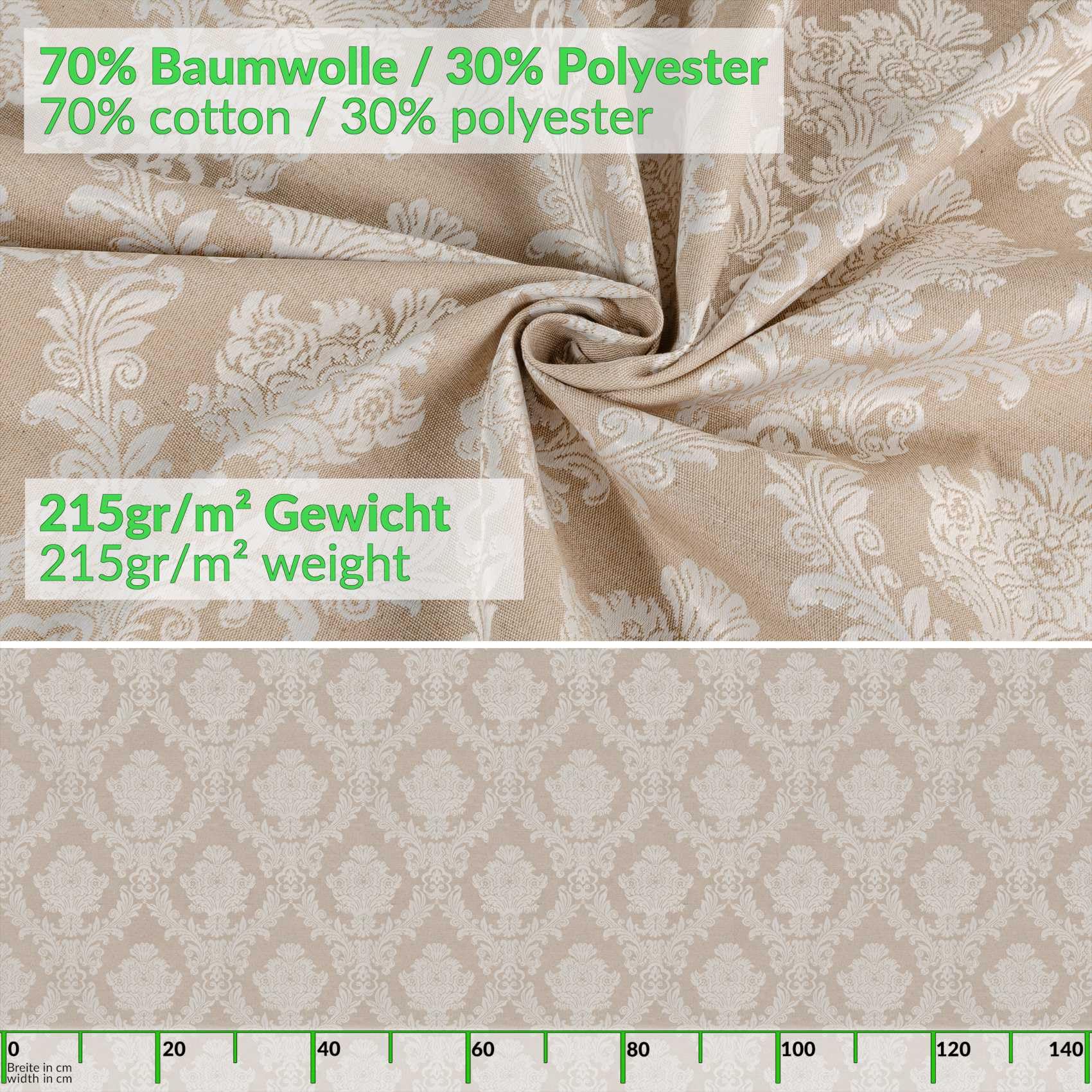 Stoff Tischdecke Textil Tischwäsche Tischtuch Baumwolle Polyester abwaschbar Uni Ornament Damast Jacquard Gewebe waschbar Barock Beige 350x140cm Schnittkante