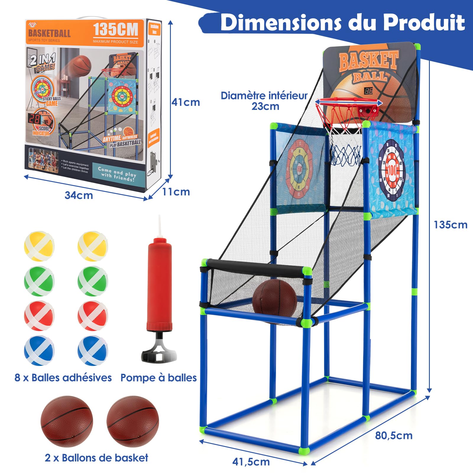GYMAX Panier de Basket pour Enfants, Jeu de Basket et de Tir 2 en 1, avec Tableau de Score Sonore & 2 Ballons & 2 Cibles & 8 Balles & Pompe à Balle, pour Intérieur/Extérieur