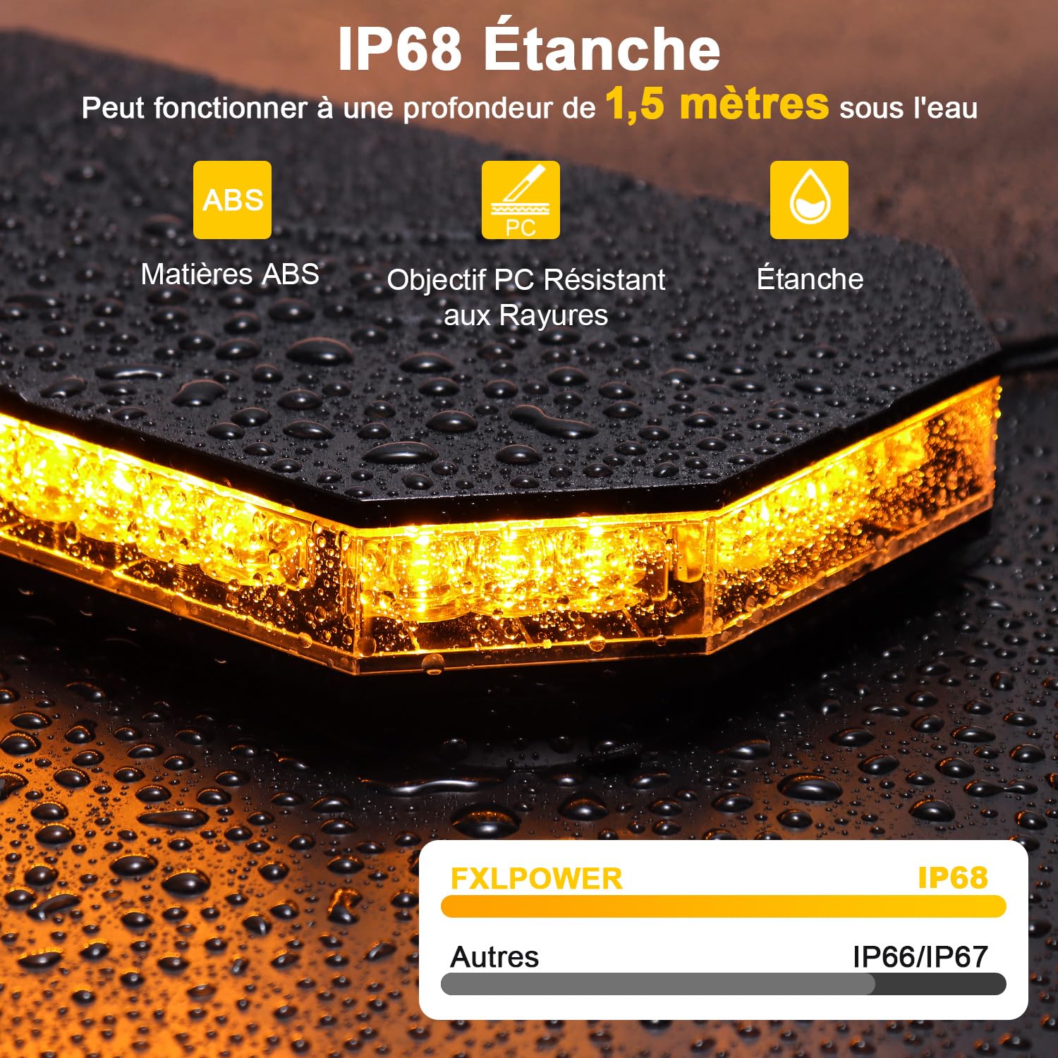 Gyrophare 42 LED Magnétique 12-24V, Câble 3,8m, Jaune | Étanche IP68, 38 Modes à Mémoire, Prise Allume-Cigare, Visibilité 610 Mètres, pour Chantier et Tracteur