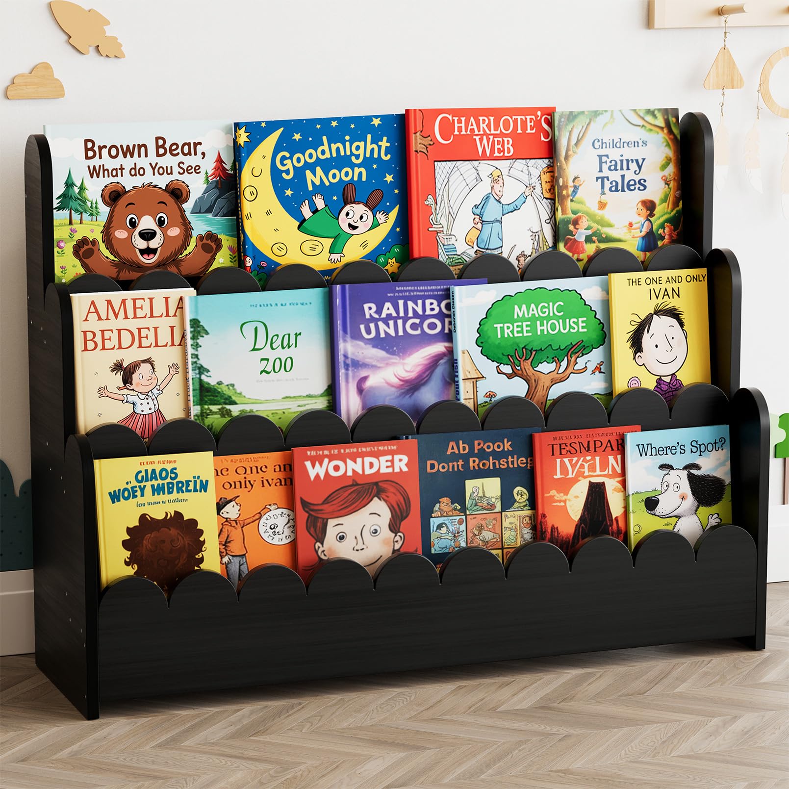 SpaceAid 3-stöckiges Montessori-Bücherregal, gewelltes Holz-Bücherregal für Kleinkinder, Organizer, Präsentationsmöbel für Kinderzimmer, Spielzimmer, Klassenzimmer, 93,2 cm breit, Schwarz