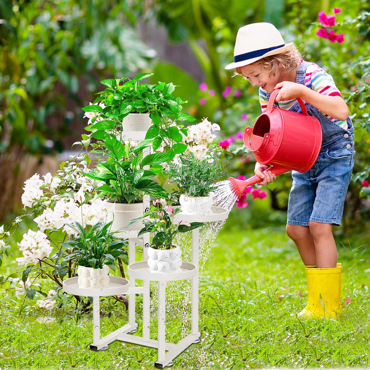 Plant Stand for Indoor Outdoor Set of 2, Metal 5 Tiered Corner Plant Stand, Plant Shelf Flower Holder for Patio Porch Garden Balcony, Black and White