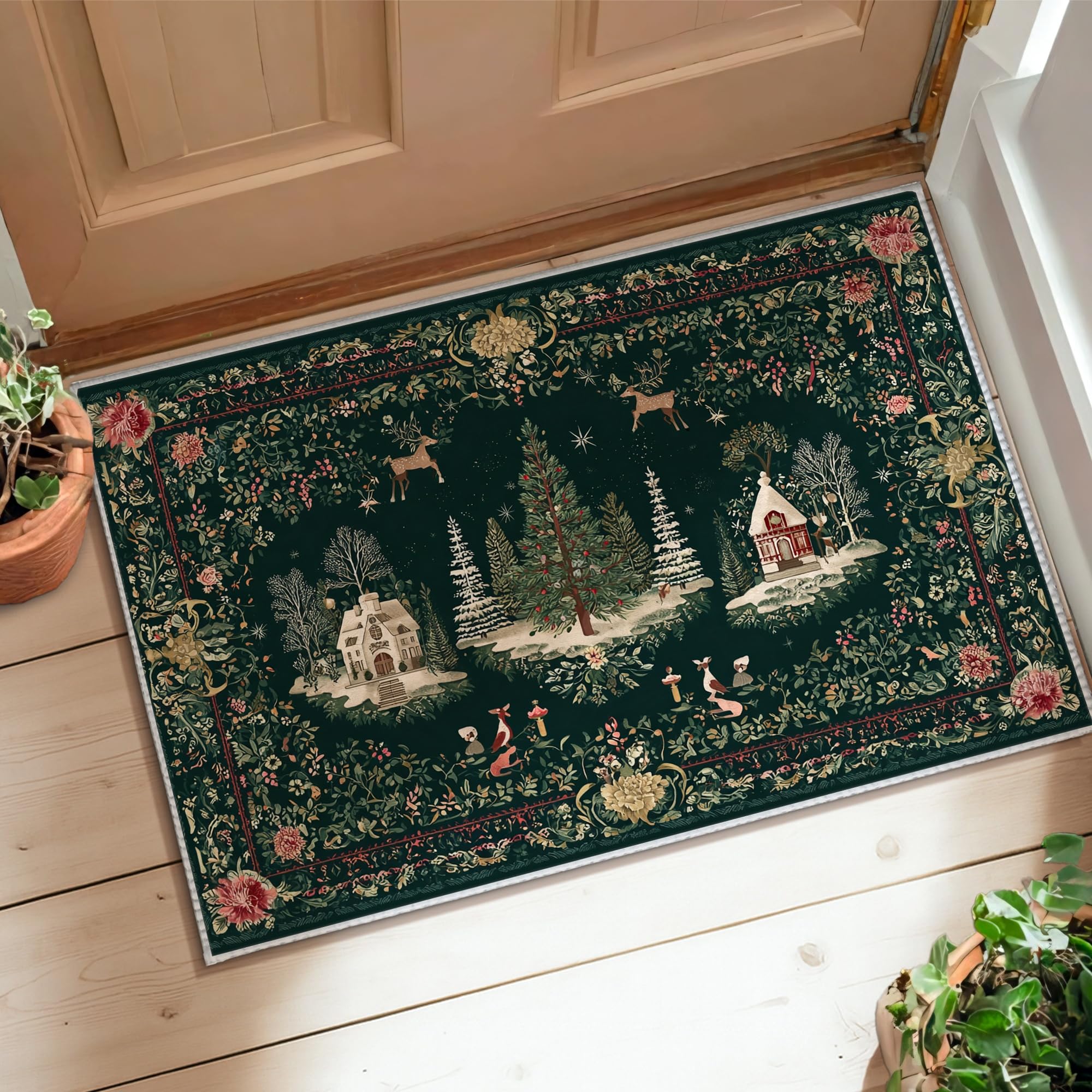Tapis de sol doux entrée buanderie motif cerf vert d'hiver 60x90cm