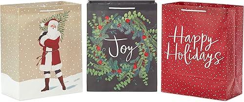 Hallmark Paquete de bolsa de regalo de Navidad grande de 13 pulgadas (3 bolsas corona de alegría en gris, Papá Noel rústico con árbol, felices