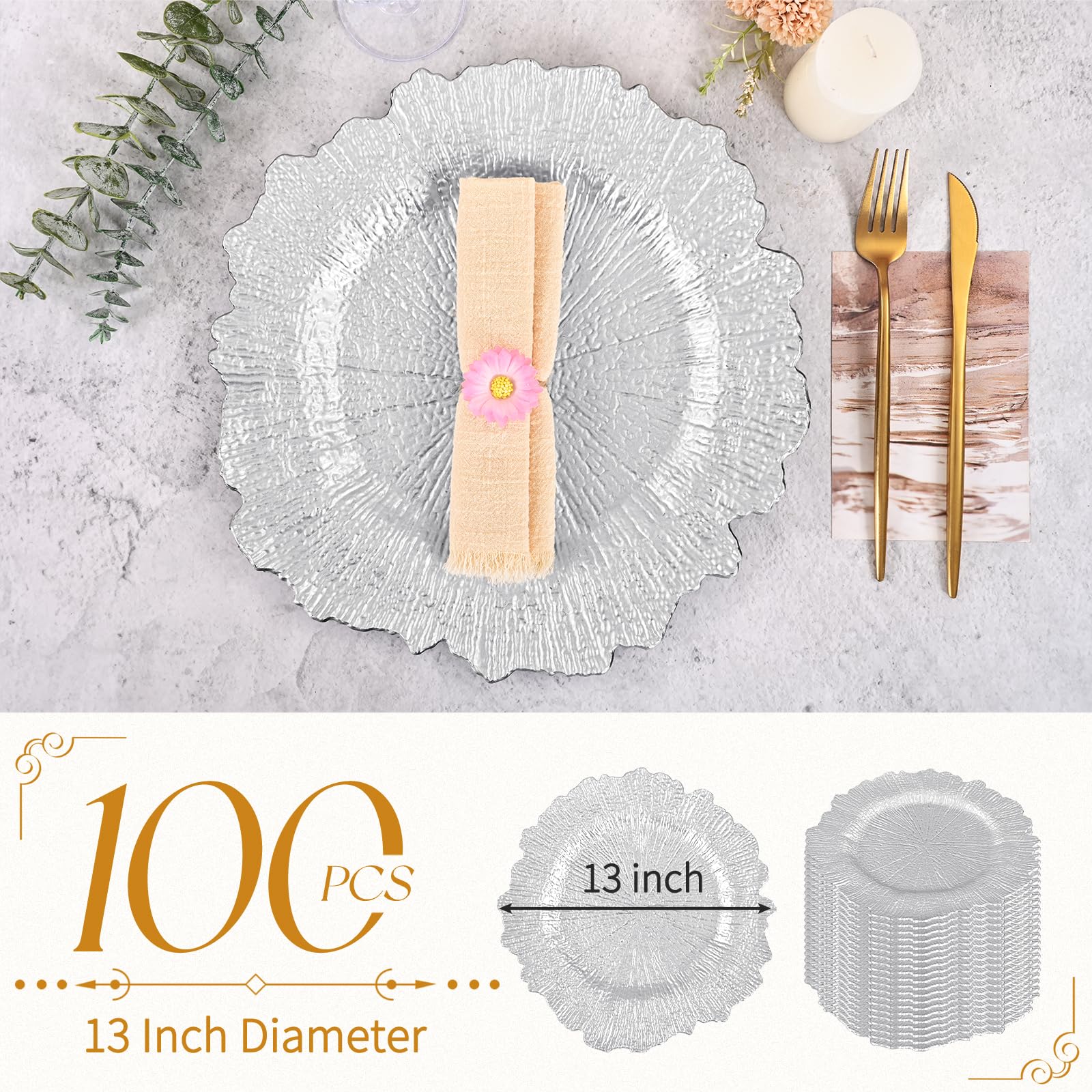 fani 100 Pcs Silver Charger Plates Bulk, 13 Inch Reef Wedding Chargers for Dinner Plate, Round Plastic Reusable Ruffled Rim Decorative for Table Setting, Parties, Wedding, Events