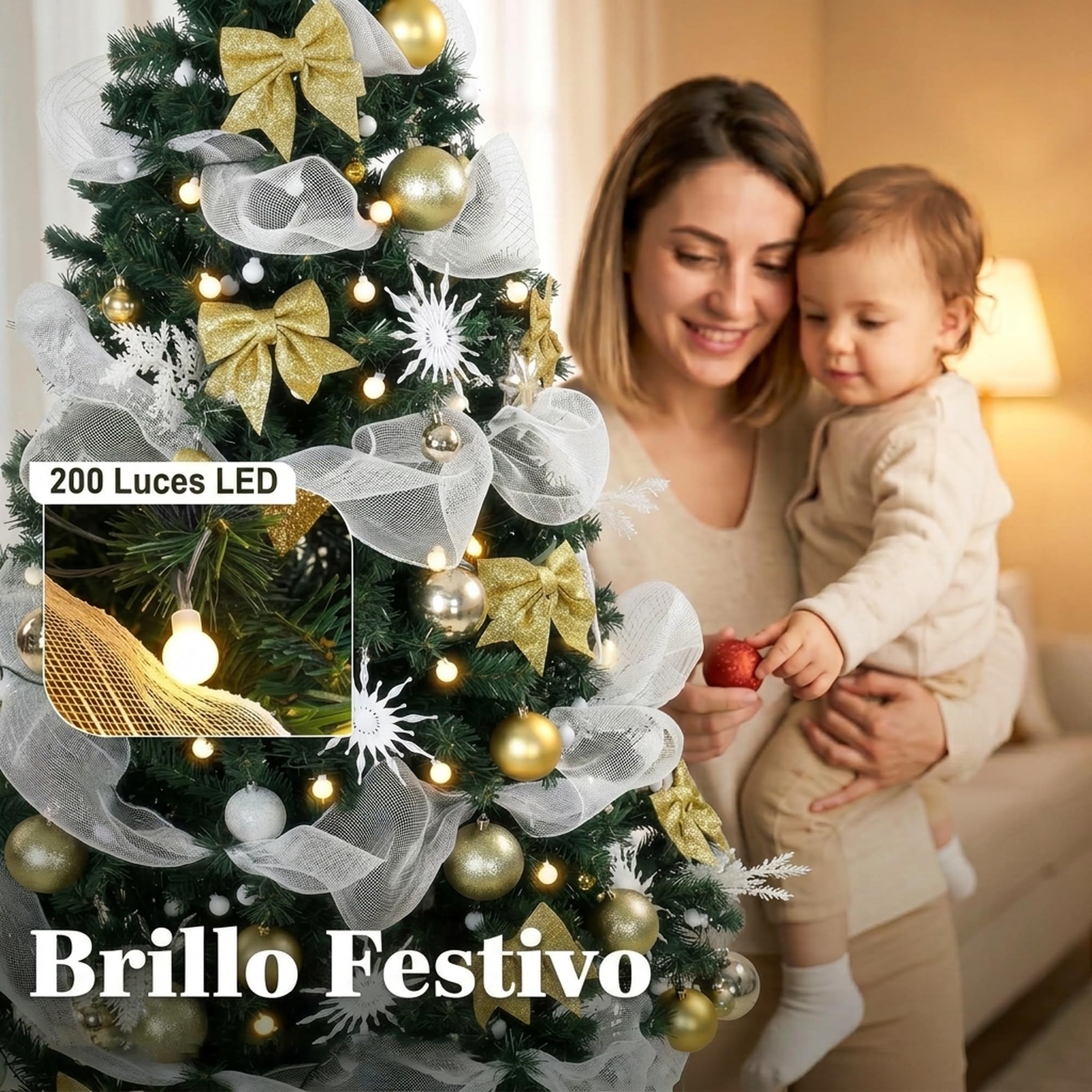HOMCOM Árbol de Navidad con 200 Luces LED Blanco Cálido 180 cm 800 Ramas