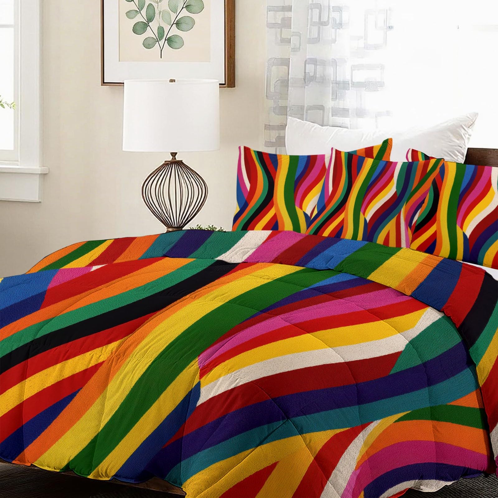 Abstrakcyjna nowoczesna kołdra, 220 x 240 cm, bez poszewki, na lato, tęczowe linie, geometryczna, nadaje się do prania, nie wymaga prasowania, całoroczna, przyjazna dla skóry, pościel z 2 poszewkami