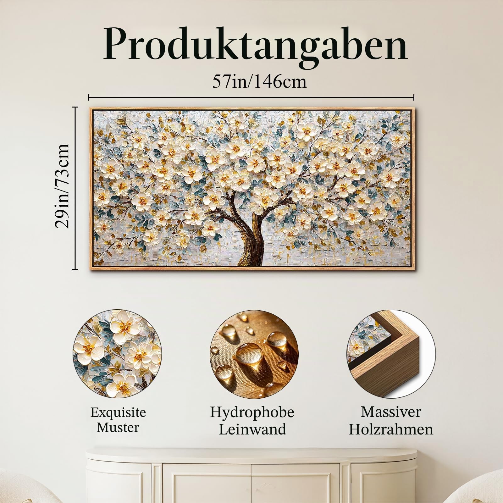 SERIMINO Natürliche Wandbild mit Rahmen Baum des Lebens Bilder 73x146 cm | Weissgoldene Blüten Wanddeko, Hochauflösender Druck, Leinwand Holzrahmen, Einfache Montage, Als Geschenk Geeignet