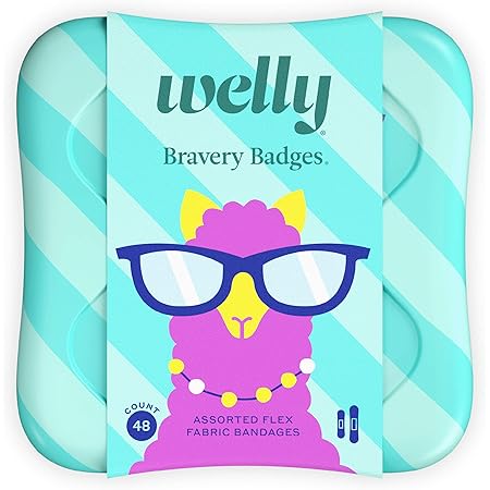 Welly Bandages | Adhesive Flexible Fabric Bravery Badges | Assorted Shapes for Minor Cuts, Scrapes, and Wounds | Colorful and Fun First Aid Tin | Pets Patterns - 48 Count