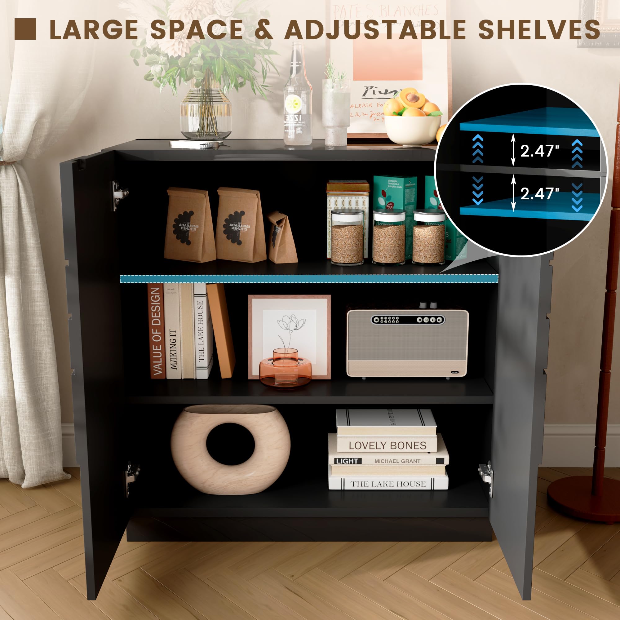 LVSOMT Moderne Sideboard Wohnzimmer, 85cm Hoch Buffetschrank Holz | Kommode mit 2 Türen,Verstellbares Regal,Geometrisches Musterdesign,Schrank Für Esszimmer Schlafzimmer Flur, Schwarz Hochglanz