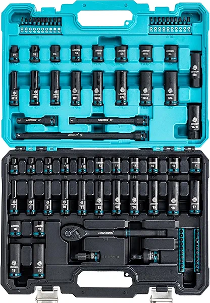LIBRATON 3/8 Socket Set 90PCS, SAE(5/16-3/4") & Metric(7-19MM) Impact Socket Set, Cr-V Impact Driver Socket, Deep&Shallow, Extension Bars, Ratchet Handle, Screwdriver Bits, Spark Plug Sockets, Adapter