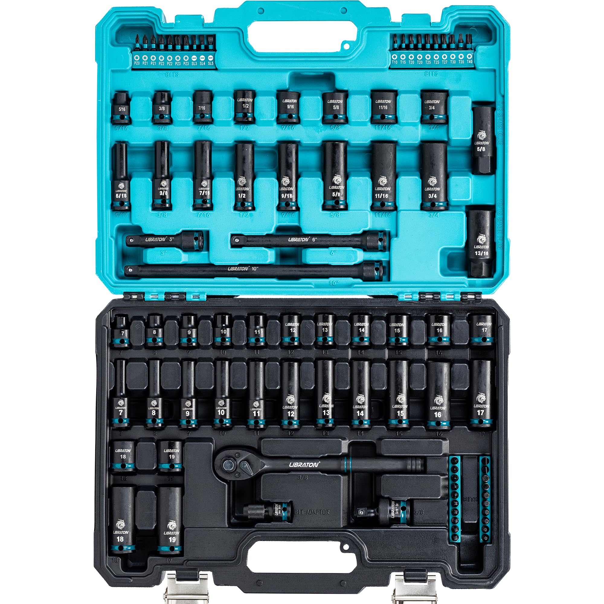 LIBRATON 3/8 Socket Set 90PCS, SAE(5/16-3/4") & Metric(7-19MM) Impact Socket Set, Cr-V Impact Driver Socket, Deep&Shallow, Extension Bars, Ratchet Handle, Screwdriver Bits, Spark Plug Sockets, Adapter
