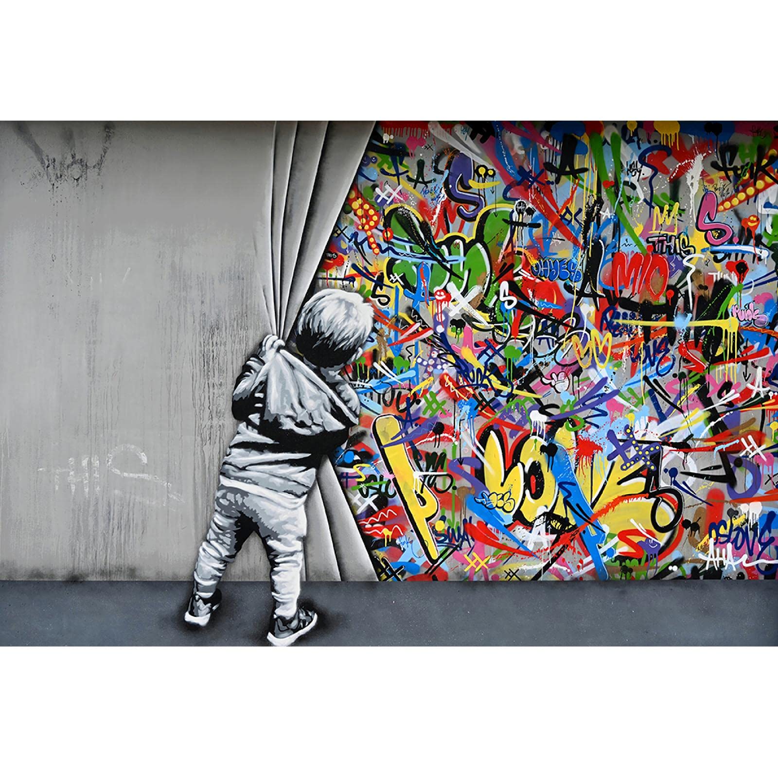 Guying Art Boys Frameless Graffiti Art Canvas Paintings On The Wall Behind The Curtain Art Posters And Prints Modern Street Art Wall Pictures 60X120cm(24X47in)