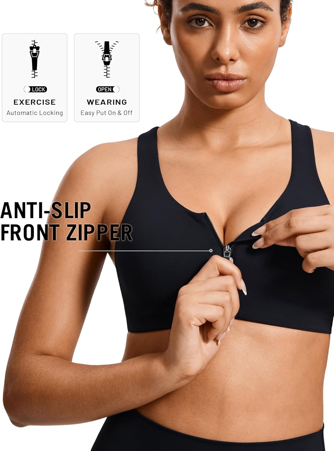 SYROKAN Power On High Impact Zip Front Sports Bras for Women No Underwire Racerback Soft Padded - Image 2