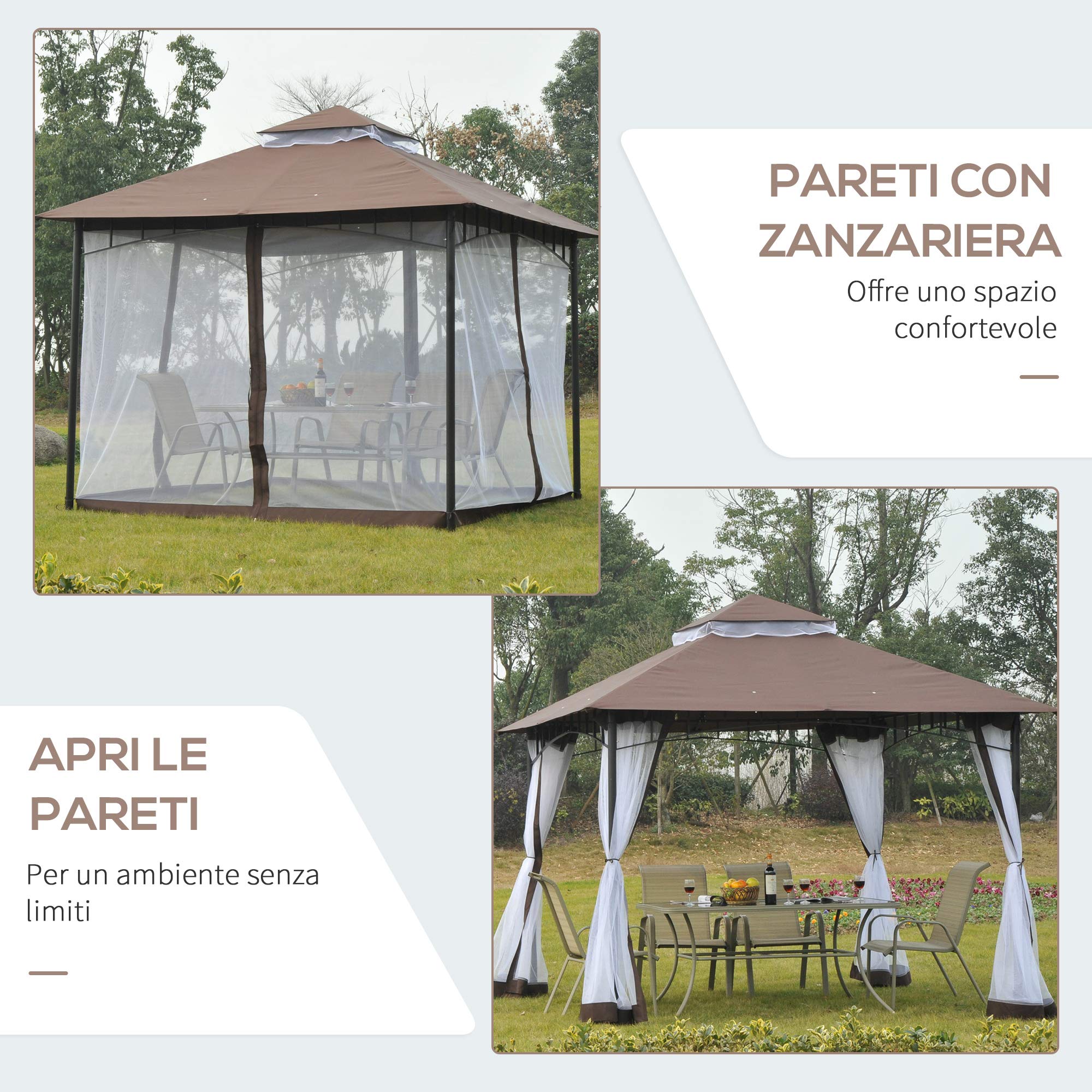 Outsunny Gazebo da Giardino 3x3m con Zanzariera Tetto 2 Livelli Marrone | in Poliestere, Struttura in Metallo