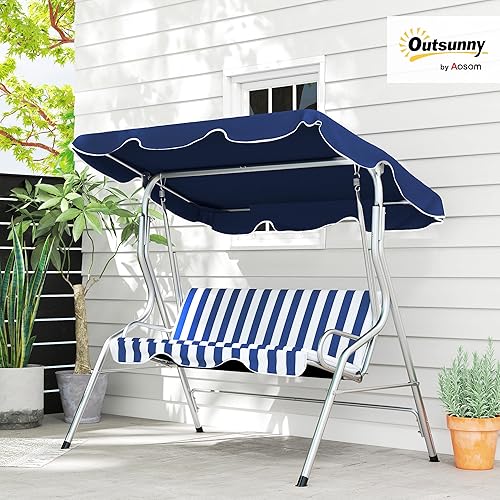 Miniatura 2 de Outsunny Columpio de porche para 3 personas con toldo, silla de columpio de patio, banco de columpio para exteriores con pantalla ajustable, cojín y