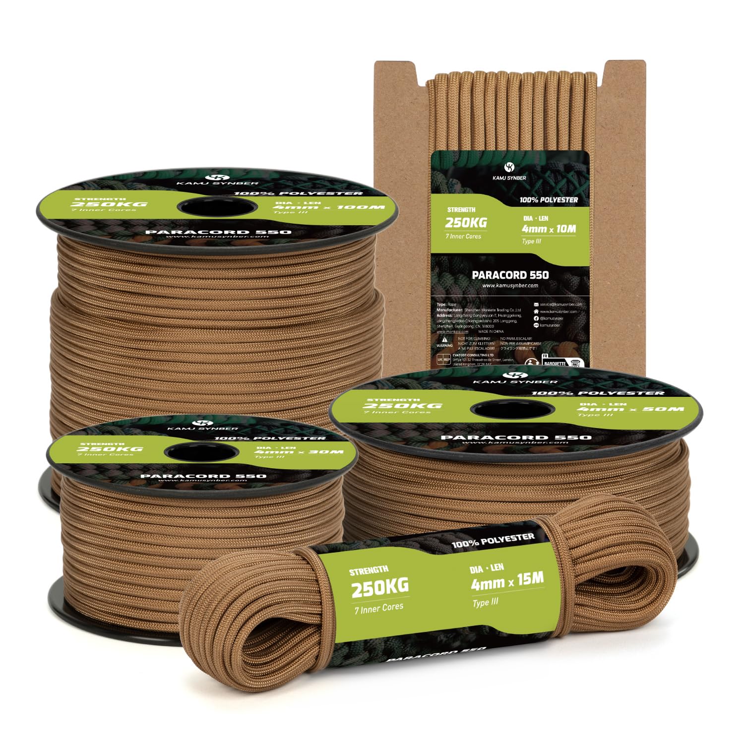 Kamu Synber Paracord 550 Type III 4mm 50m 7 Strands 100% Polyester Rope Parachute Cord Ideal for Crafting, Outdoor, Survival | Support 250kg | Coyote Brown
