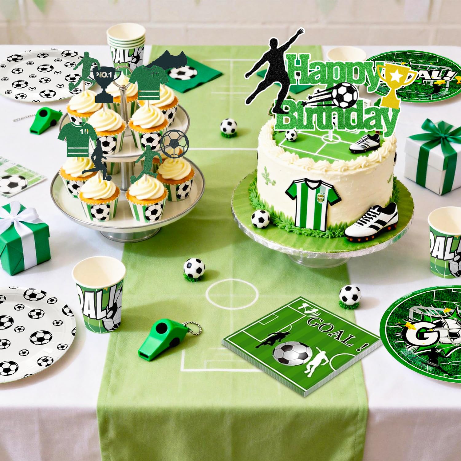 Forniture per Feste di Calcio,137 Pezzi Stoviglie per Feste di Calcio Compleanno Calcio Decorazioni Set Tema Calcio per Piatti Tazze Palloncini Striscioni etc Decorazioni per Festa Tema Calcio