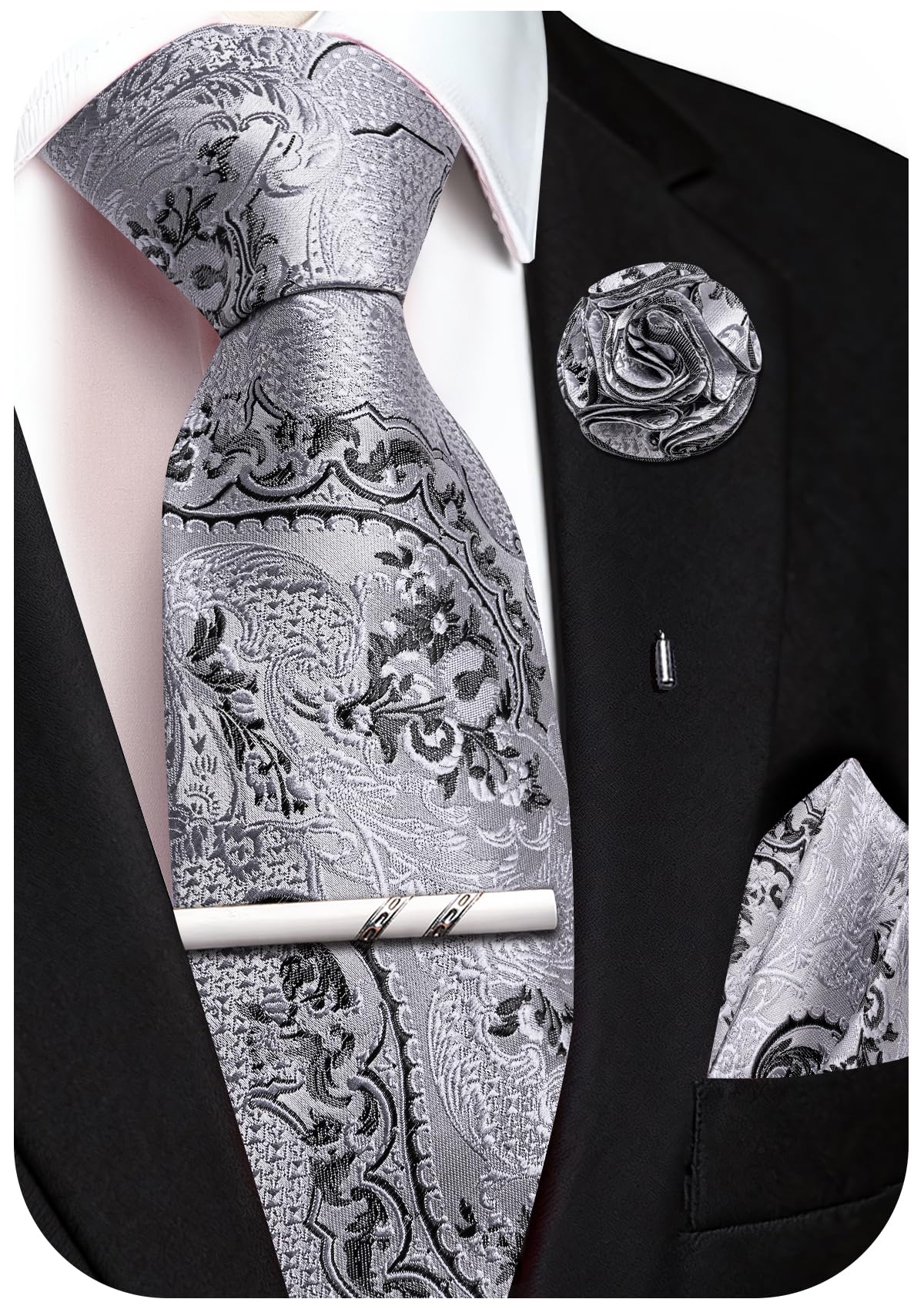 Unique Paisley Ties for Men Silk Neck Tie and Pocket Square Set with Tie Clip Lapel Pin Wedding Formal