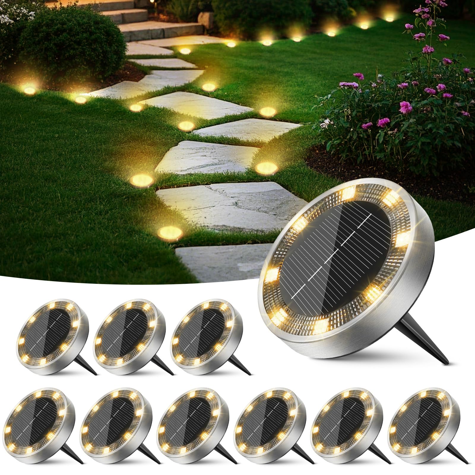 Peasur 12 Paquetes Luces Solares LED Exterior Jardin Suelo,8 LED Luz Solar Exterior Jardin, IP65 Impermeable Luces Solares para Patio, Camino, Césped, Blanco Frío — view 11