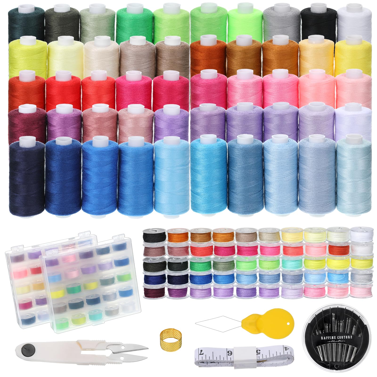 106 Pcs Bobbins Sewing Thread Kits, 400 Yards Per Polyester Thread Spools with Needle, Threader, Scissors and Ruler, for Sewing Machine Hand DIY Beginners, Stitching, Home, 50 Colors