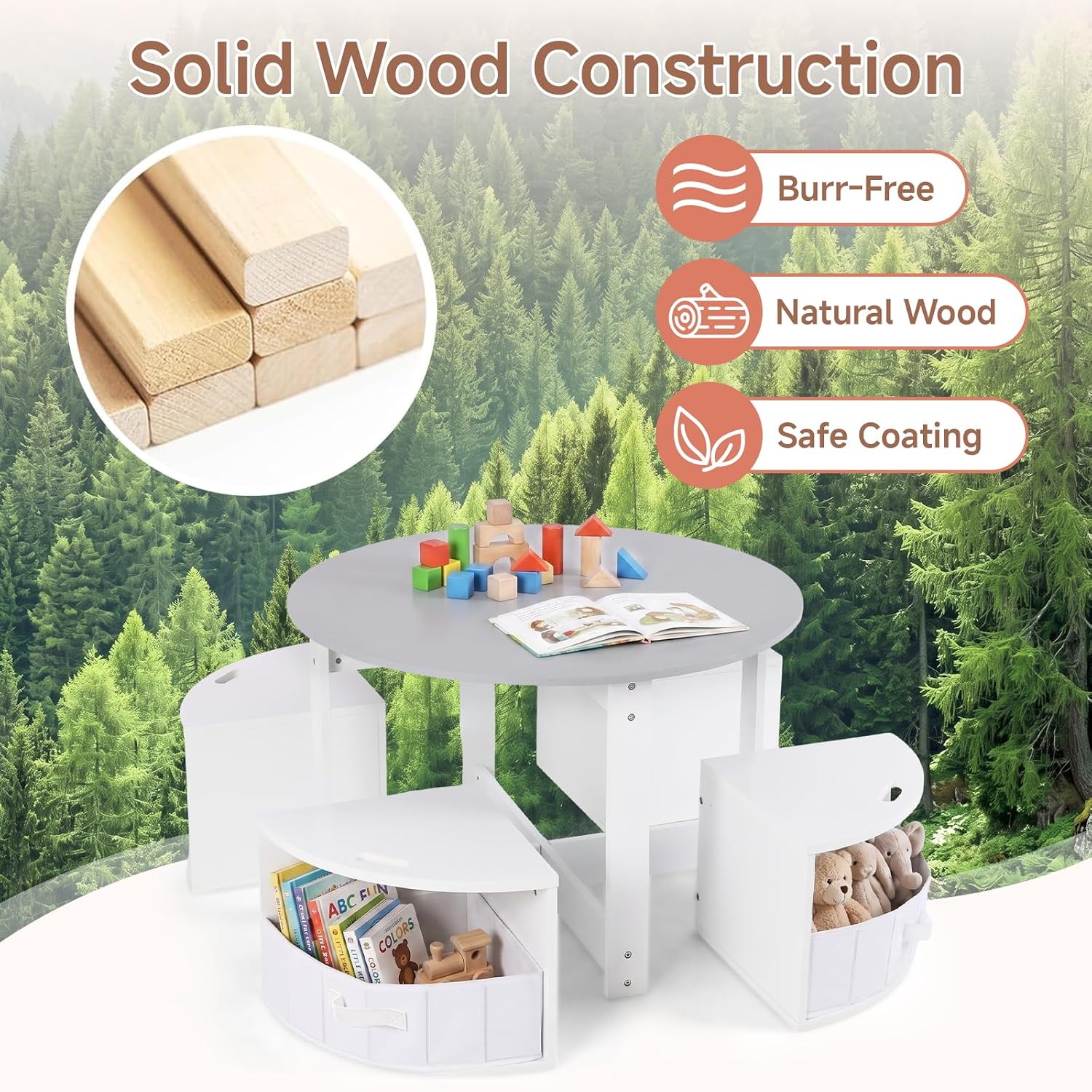 INFANS Toddler Table and Chair Set, Wooden Table and 4 Chairs with Nesting Design, Storage Drawers, Children Multi-Activity Table for Art, Crafts, Draw, Read for Boys Girls Aged 3+