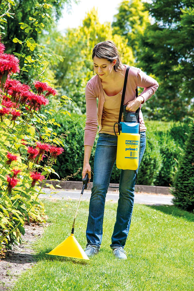 Gloria Drucksprüher AutoPump Set | Gartenspritze | 5 L Füllinhalt | Sprühgerät mit Batterie-/Akku-Betrieb & Sprühschirm Typ 270 | Zubehör für Gartenspritze | Spritzschirm |11,5 x 33,5 cm
