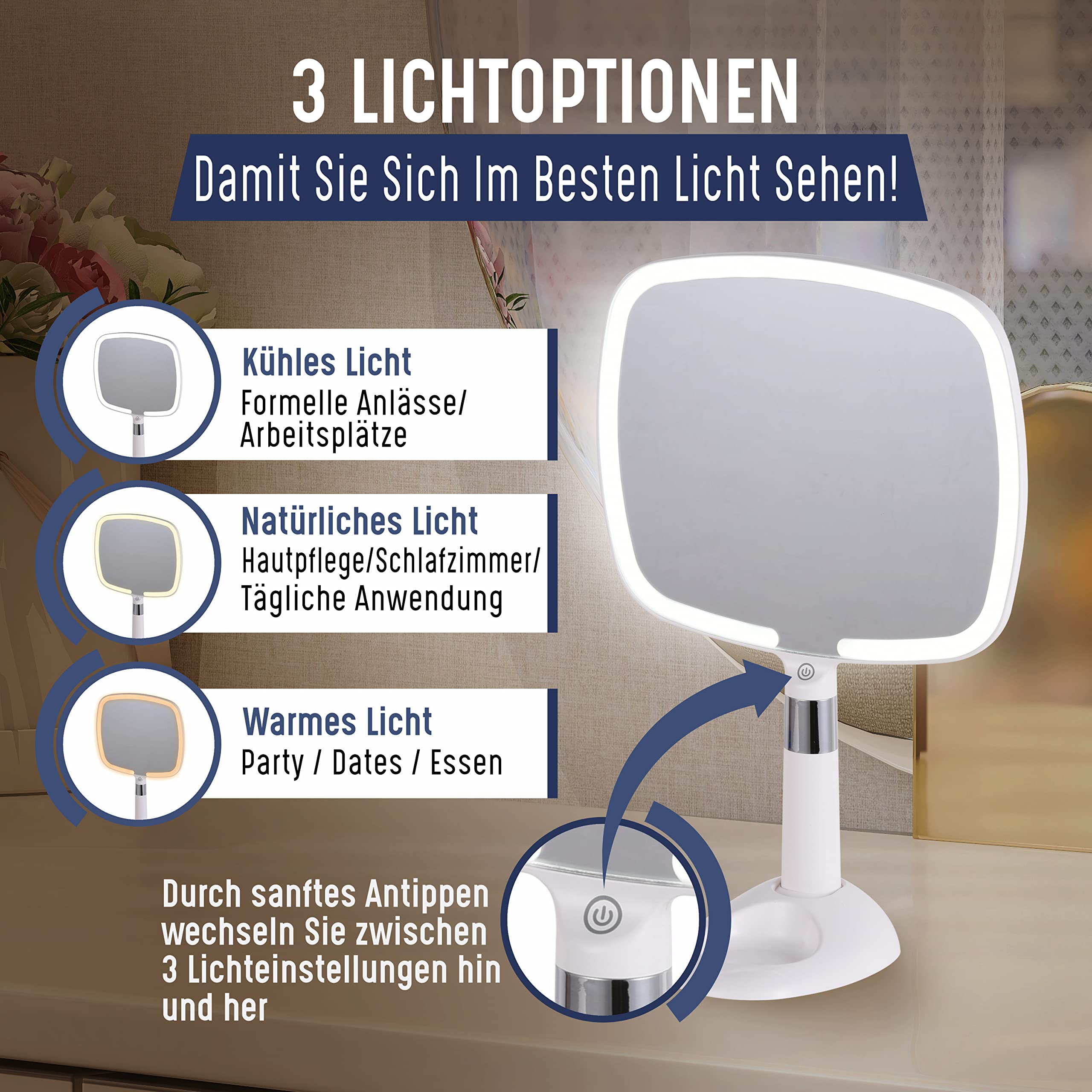 Mirrorvana® Handspiegel für Reisen - mit Beleuchtung, Komfortablem Griff, Abnehmbarem Ständer - Hand- und Tischspiegel, LED, 2-in-1