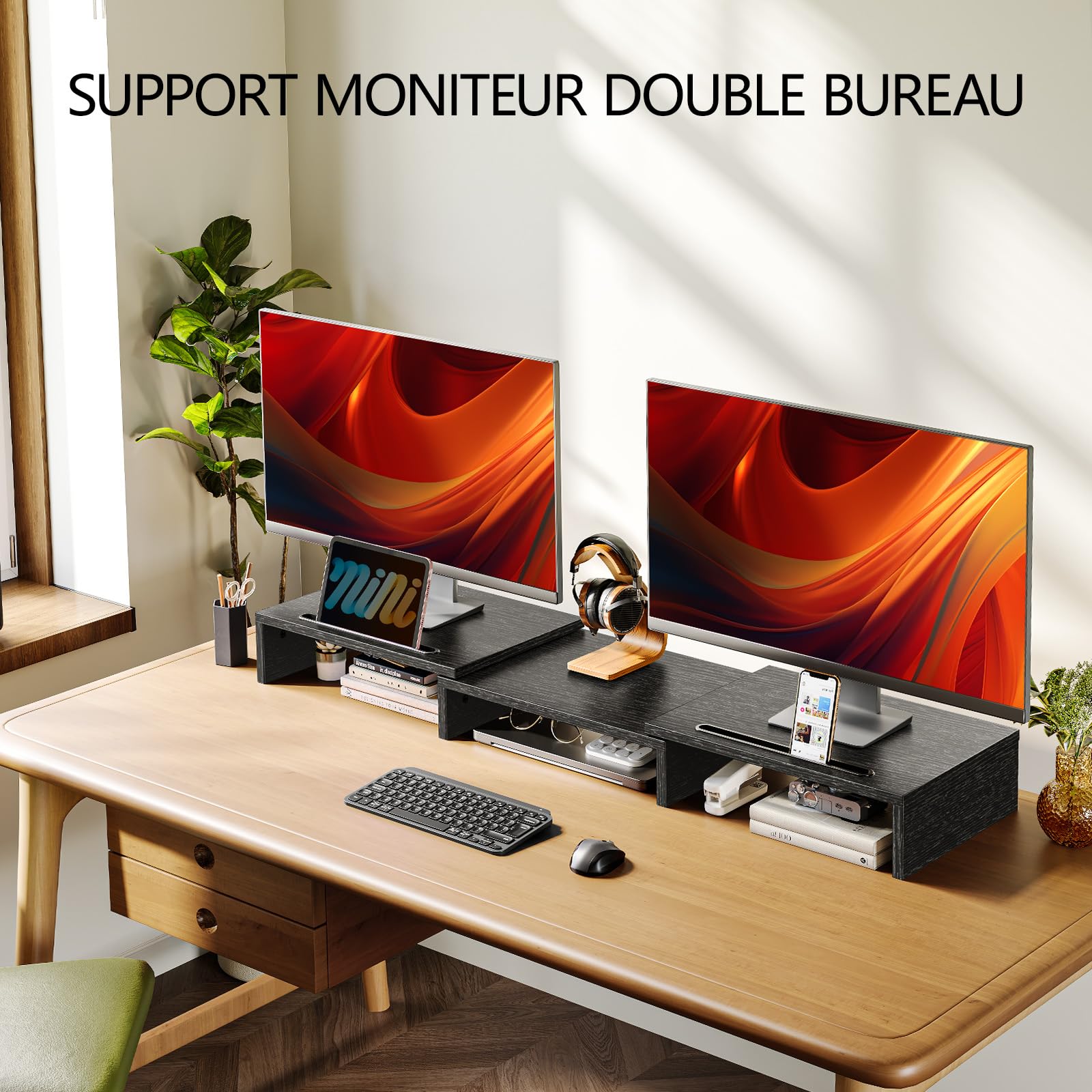 AMERIERGO Support Moniteur Double, Rehausseur Écran PC Bureau Ajustable avec 2 Fentes, Organisateur Bureau Portable
