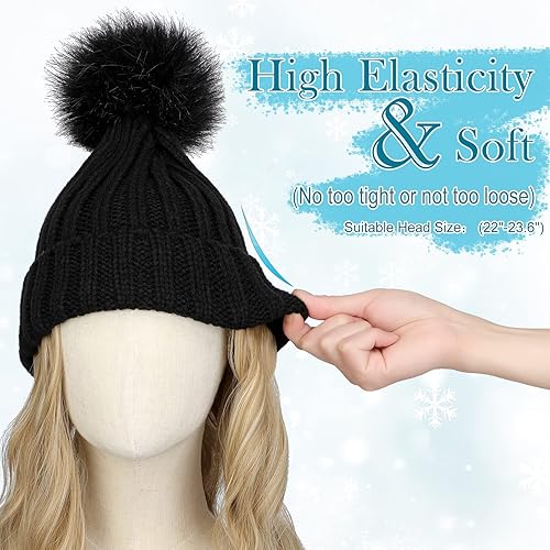 Miniatura 10 de Gorro con peluca, gorro con cabello, extensiones de cabello largo y ondulado, gorro de punto acanalado, con pompón adjunto, 14 pulgadas, rizado,