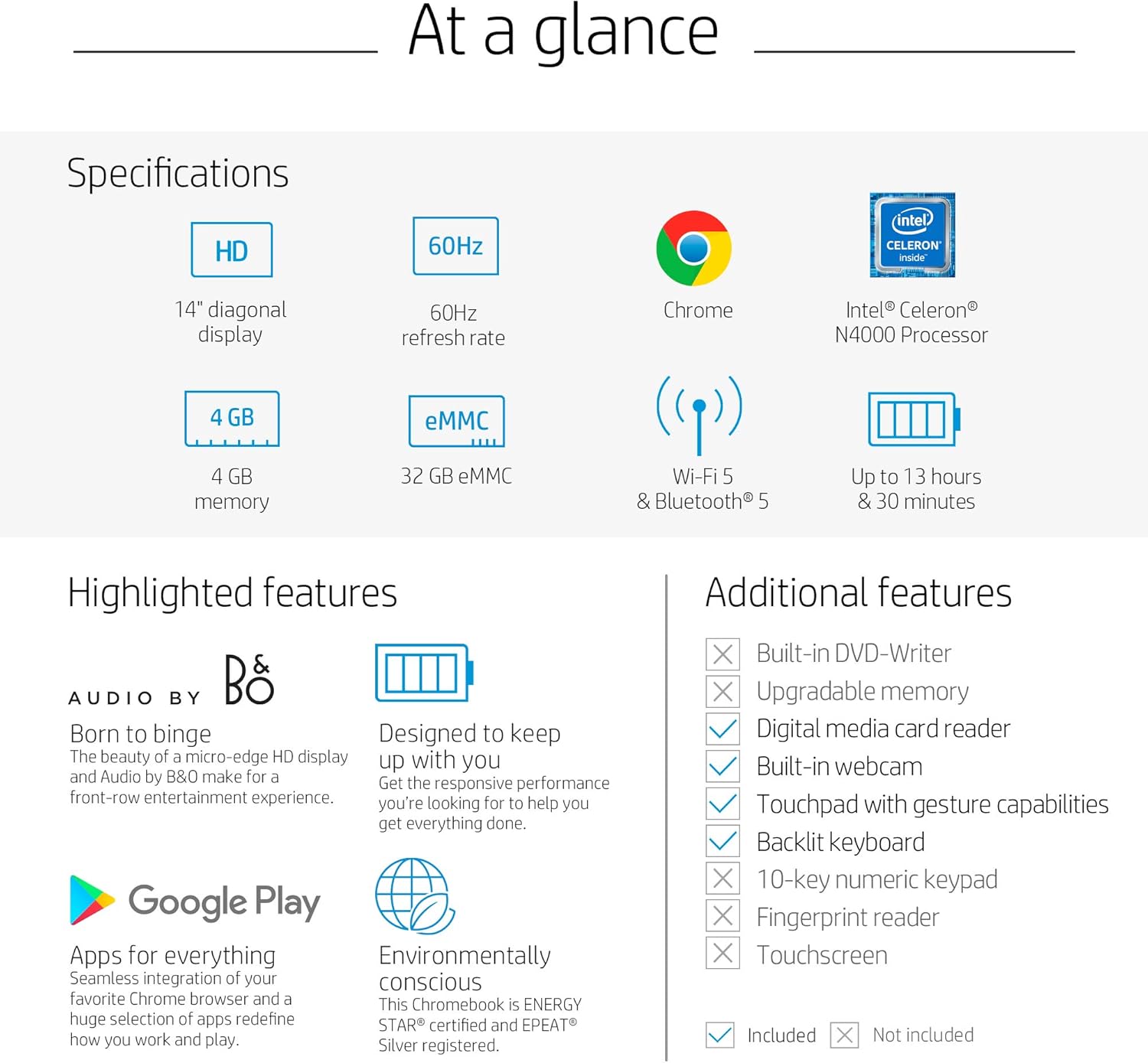 HP Chromebook 14 inch HD Laptop, Intel Celeron N4000, 4 GB RAM, 32 GB eMMC, Chrome (14a na0070nr, Forest Teal) Photo