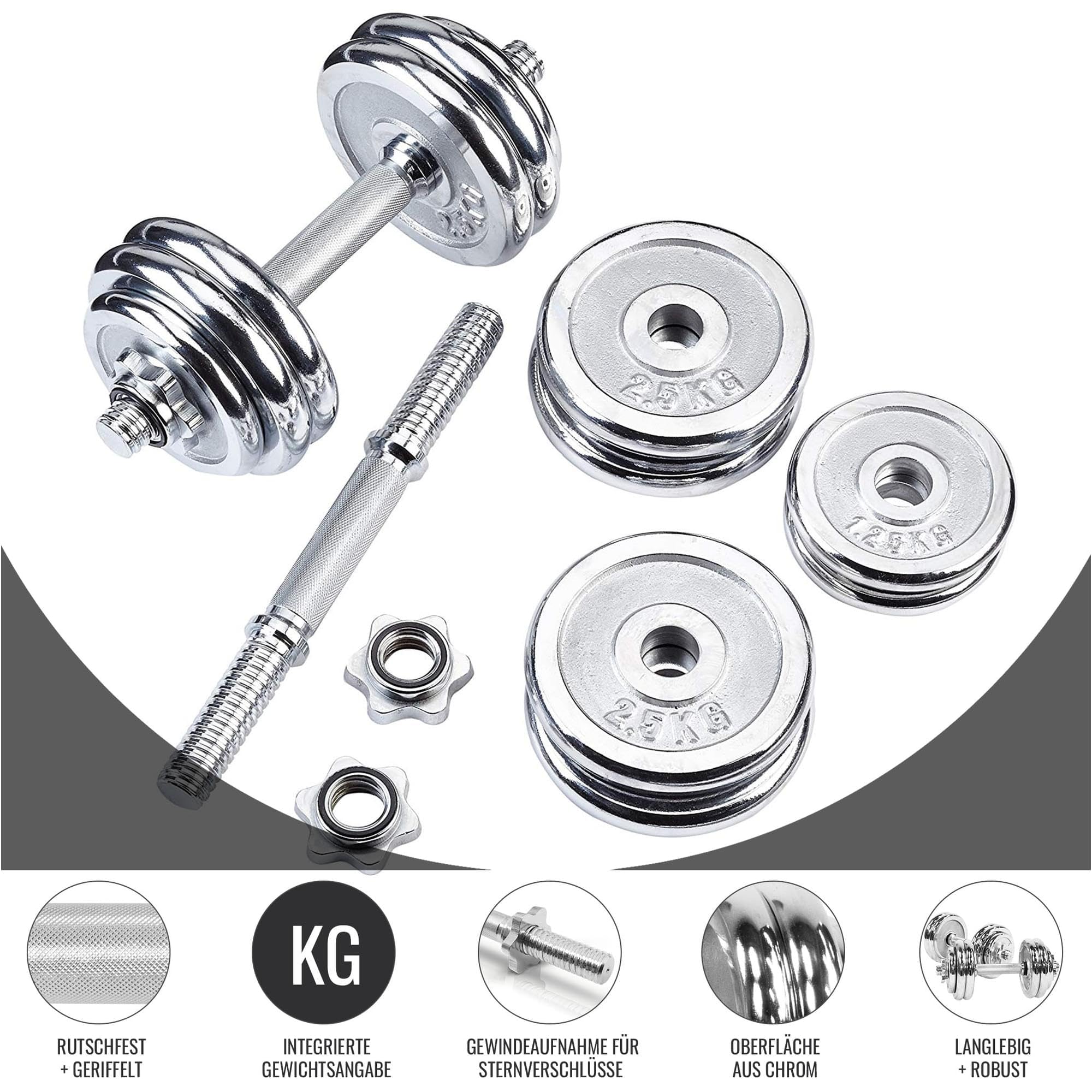 GORILLA SPORTS® Kurzhantelset 30 kg, 2er Set, 30 mm, Chrom, Griff gerändelt | Mit 4 Sternverschlüssen, 4 x 1,25 kg und 8 x 2,5 kg Hantelscheiben; rutschfest, Kurzhanteln, Hanteln, Hantelset, Hantel
