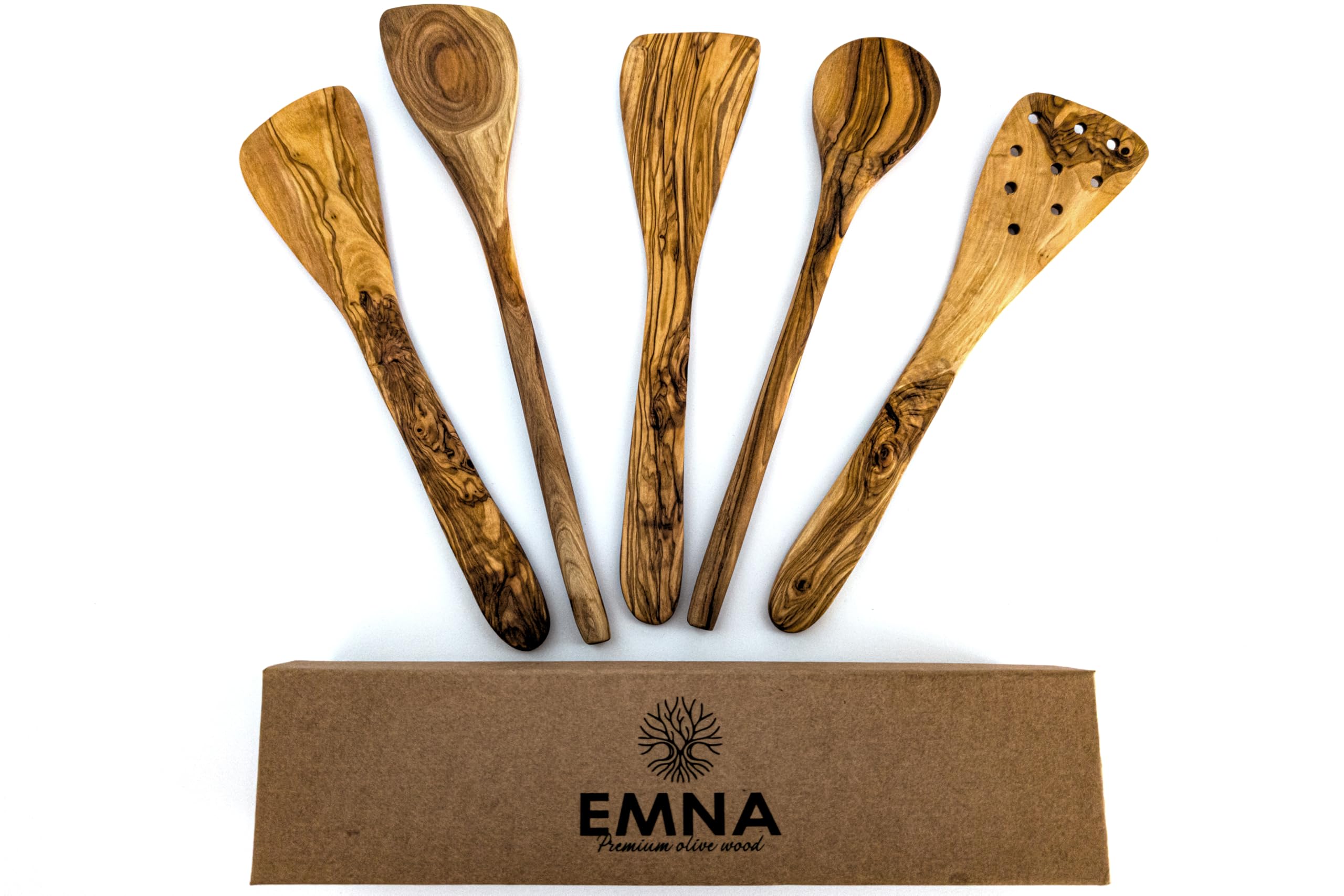 EMNA - 5-teiliges Oliven-Holz Küchenutensilien-Set | ca. 30 cm | Exklusive Geschenk-Box | Koch-Löffel | Pfannen-Wender | Geschenkidee | Geburtstag | Weihnachten | Frau | Mutter | Mann | Vater | Ostern