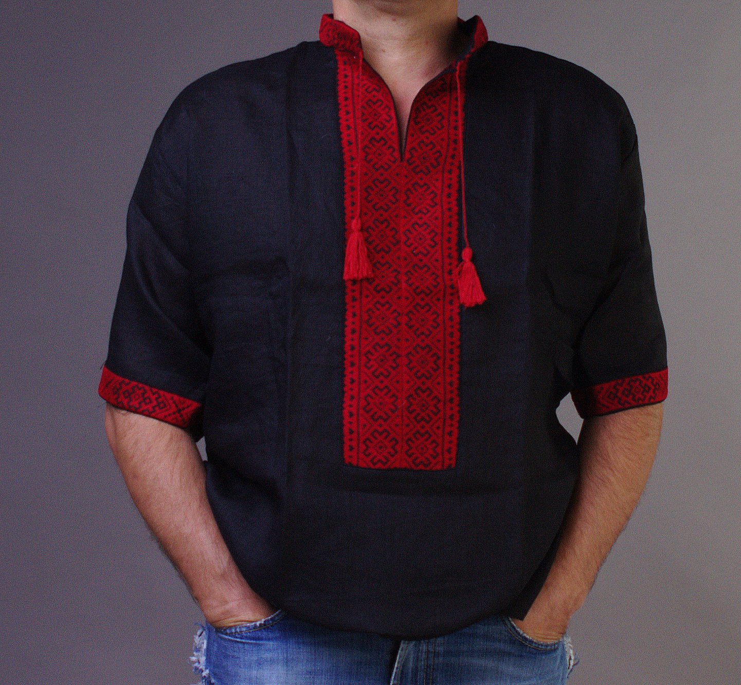 Vyshyvanka mens Handmade embroidered black red linen shirt Ukrainian short sleeve size 2XL