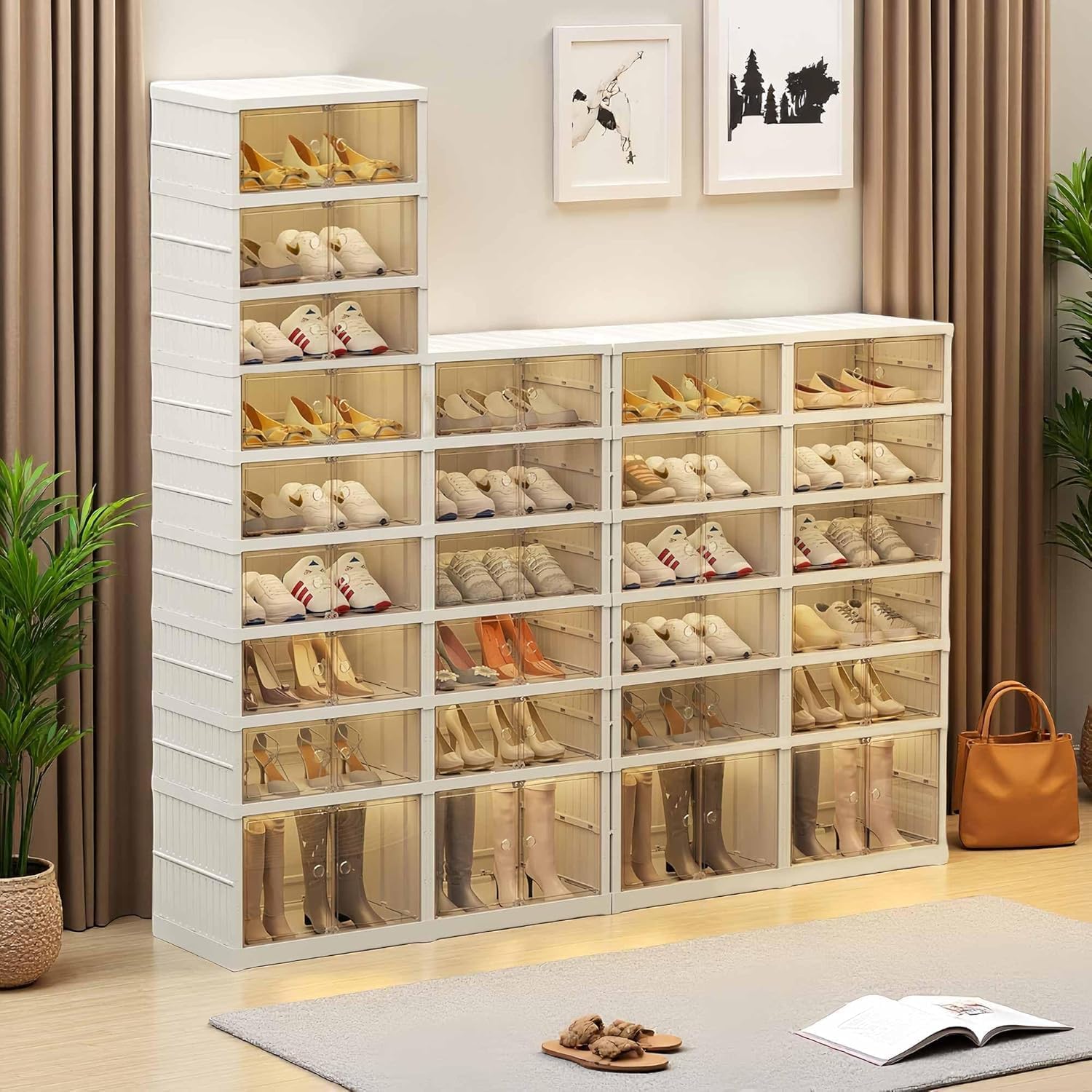 Collapsible Shoe Rack Organizer 10 Tiers 40 Pairs Cabinet Foldable Shoes Storage Box Closet Shelf, Entryway Large Container with Magnetic Clear Door, Dustproof for Sneakers & Boots
