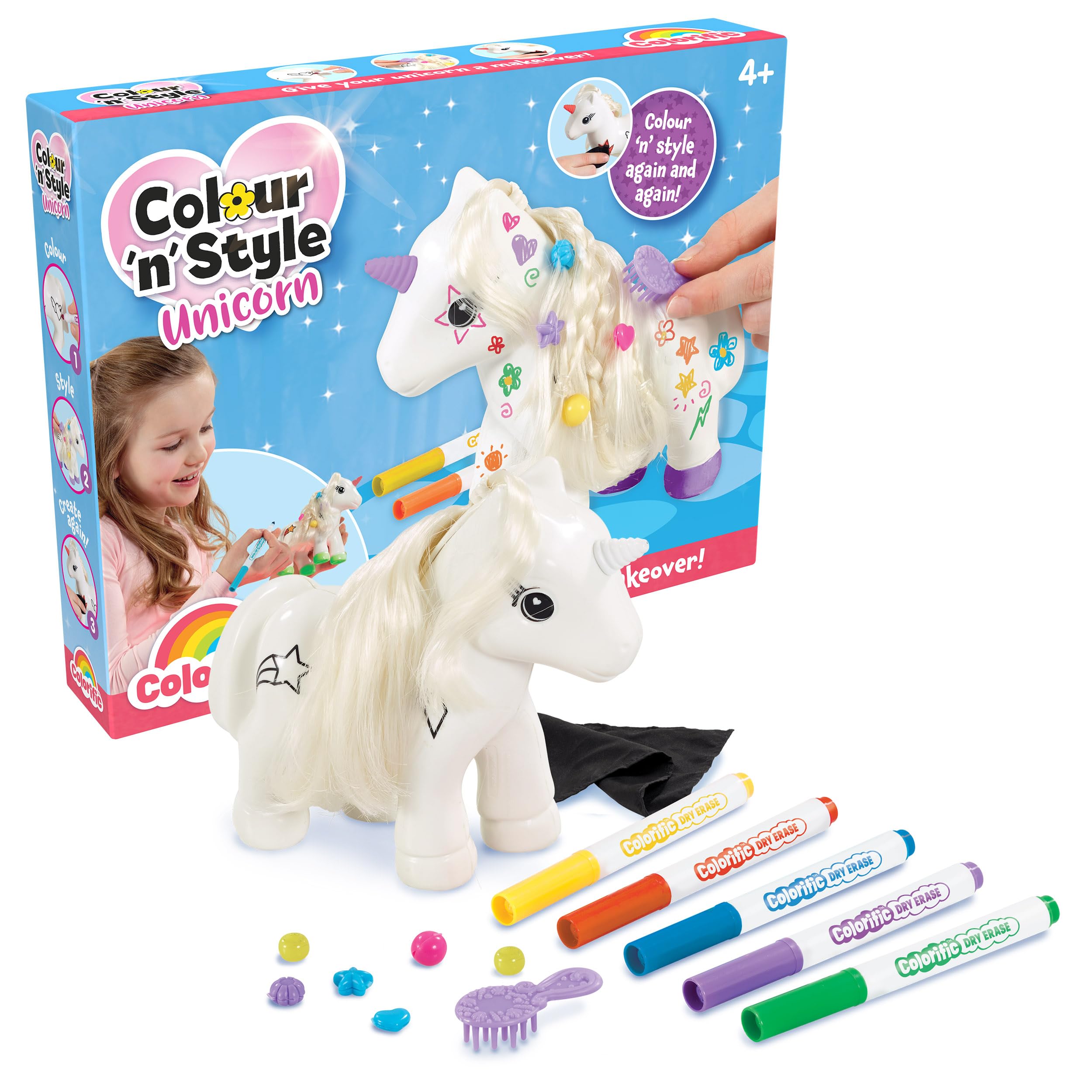Colorific Colour 'n' Style Unicorn, Colour Your Own Unicorn Again and Again, Includes Washable Marker Pens, Beads & Hairbrush, Kids Arts & Crafts Kits for Ages 4+