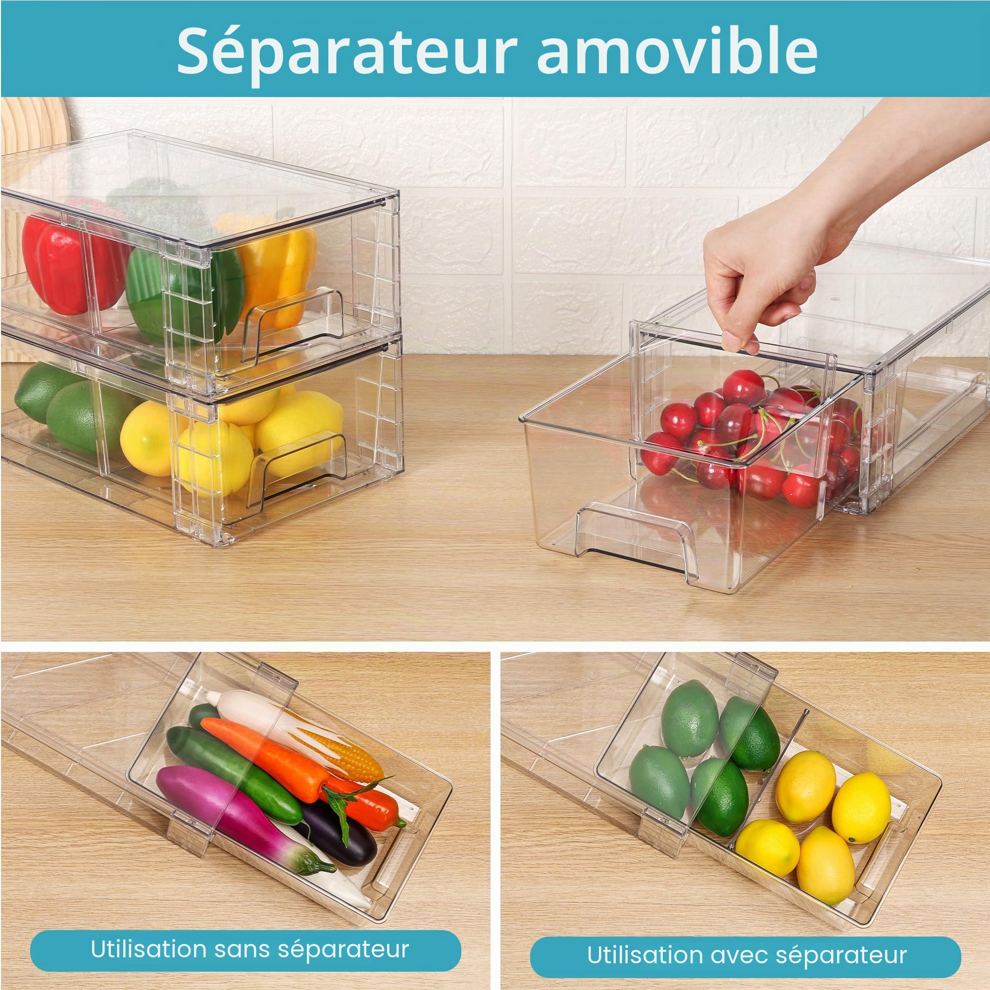 Vtopmart Lot de 6 tiroirs de rangement empilables en acrylique transparent avec poignées, facile à assembler pour réfrigérateur, salle de bain, cuisine, sous-évier, armoire, garde-manger