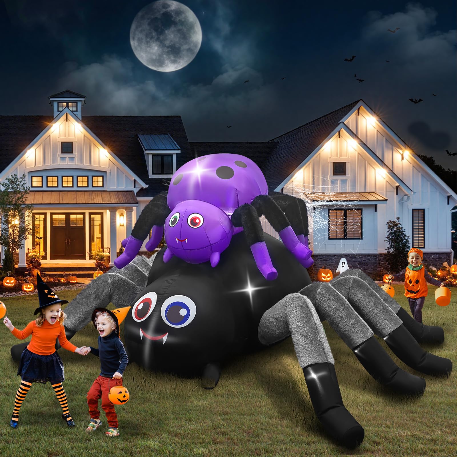 Kalolary 10FT Length Halloween Inflatables Double Spider with Furry Legs