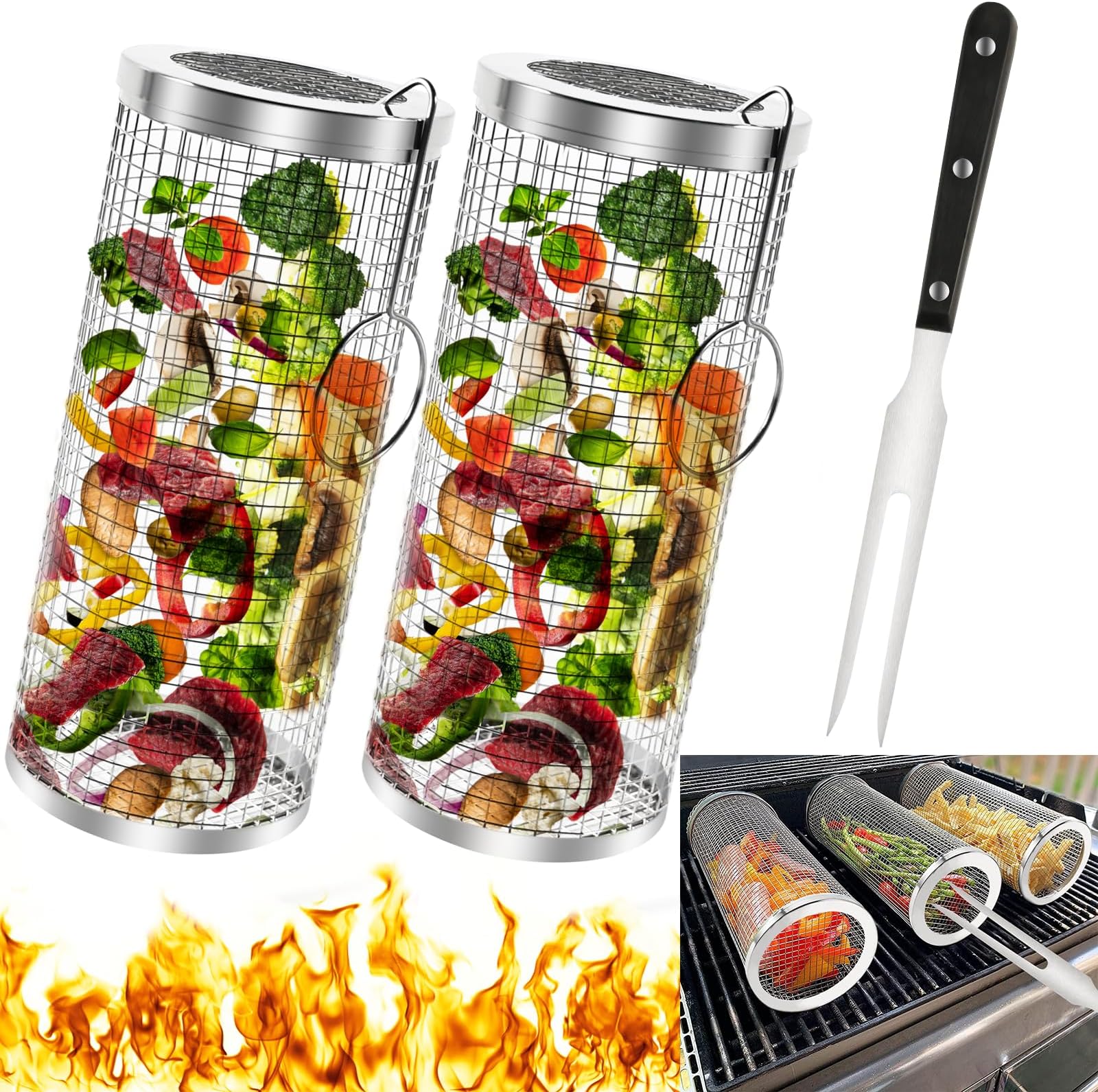 GoGrillos Grill Basket 2Pack Stainless Steel Rolling