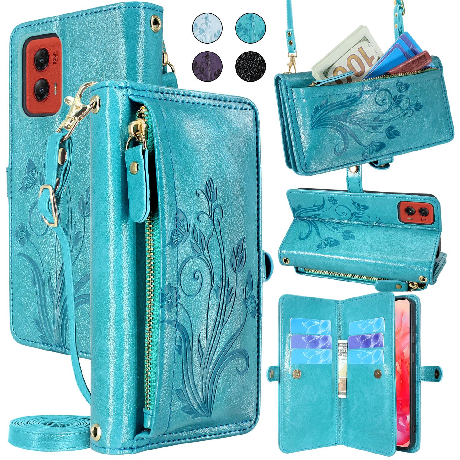 Lacass for Motorola Moto G Stylus 5G 2024 Case Wallet, [Cards Theft Scan Protection] Card Holder Zipper Leather Flip Cover Crossbody Wrist Strap with Stand(Floral Blue Green)