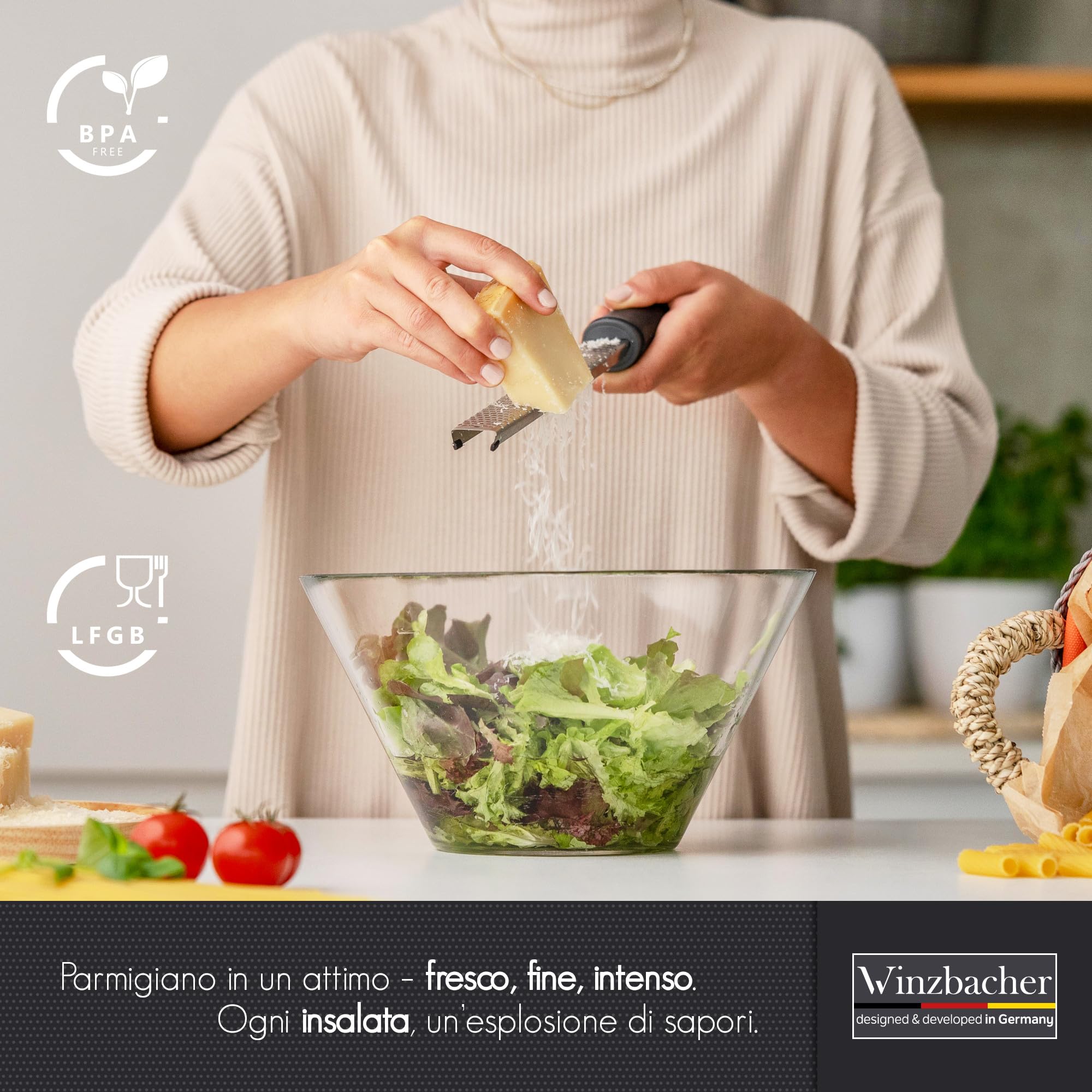 Winzbacher – Grattugia Zesteur Multifunzione | Per Parmigiano, Limone, Noce Moscata, Zenzero, Cioccolato, Aglio | Lama in Acciaio Inox Ultra Affilata | Lavabile in Lavastoviglie | Con Spazzola