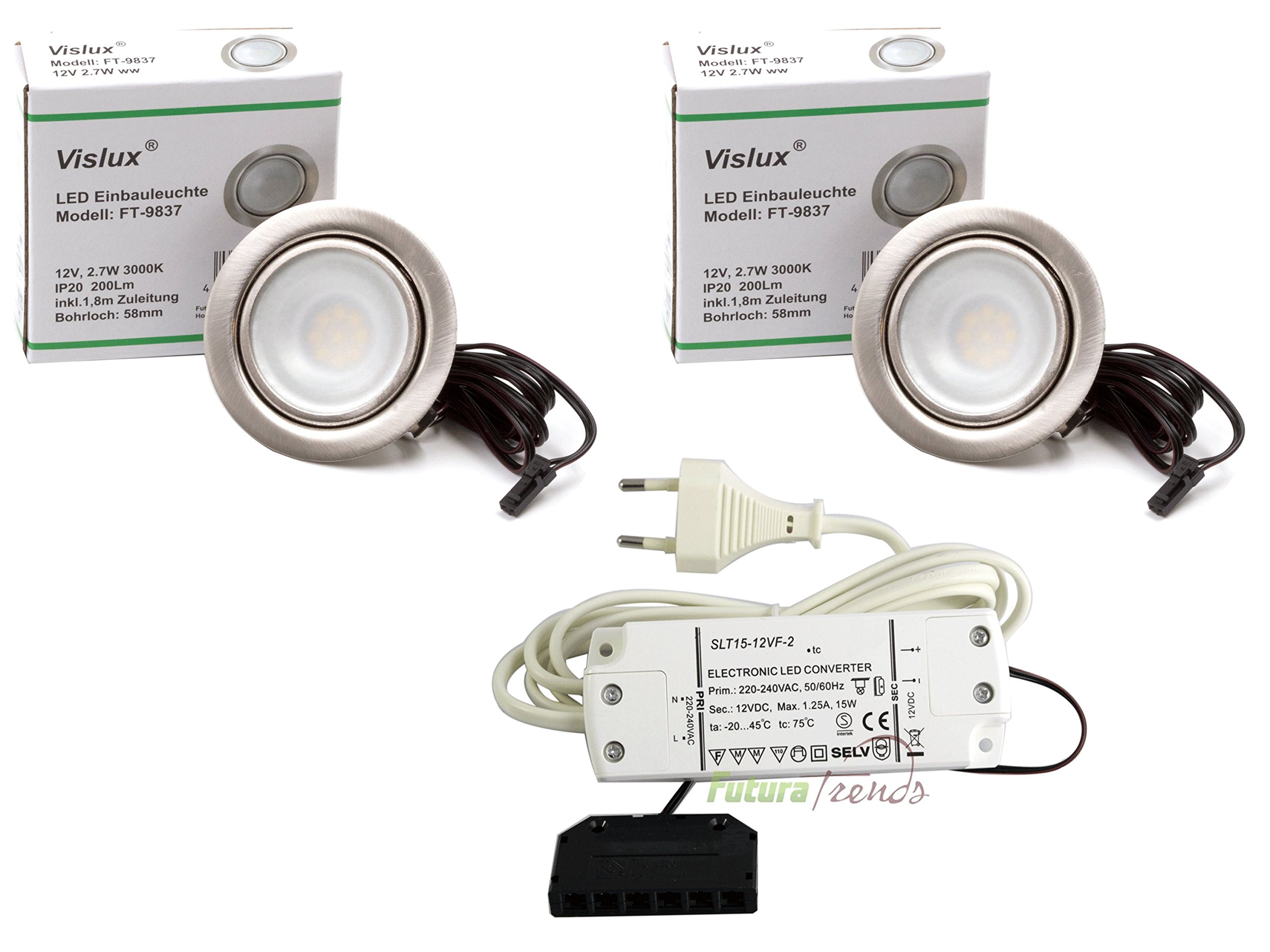 2er Set LED Einbaustrahler Möbelleuchte Möbeleinbaustrahler flach 2,7W LED 12V/ DC warmweiß 3000K / 200Lm Farbe Edelstahlgebürstet + 15Watt LED Trafo 230V