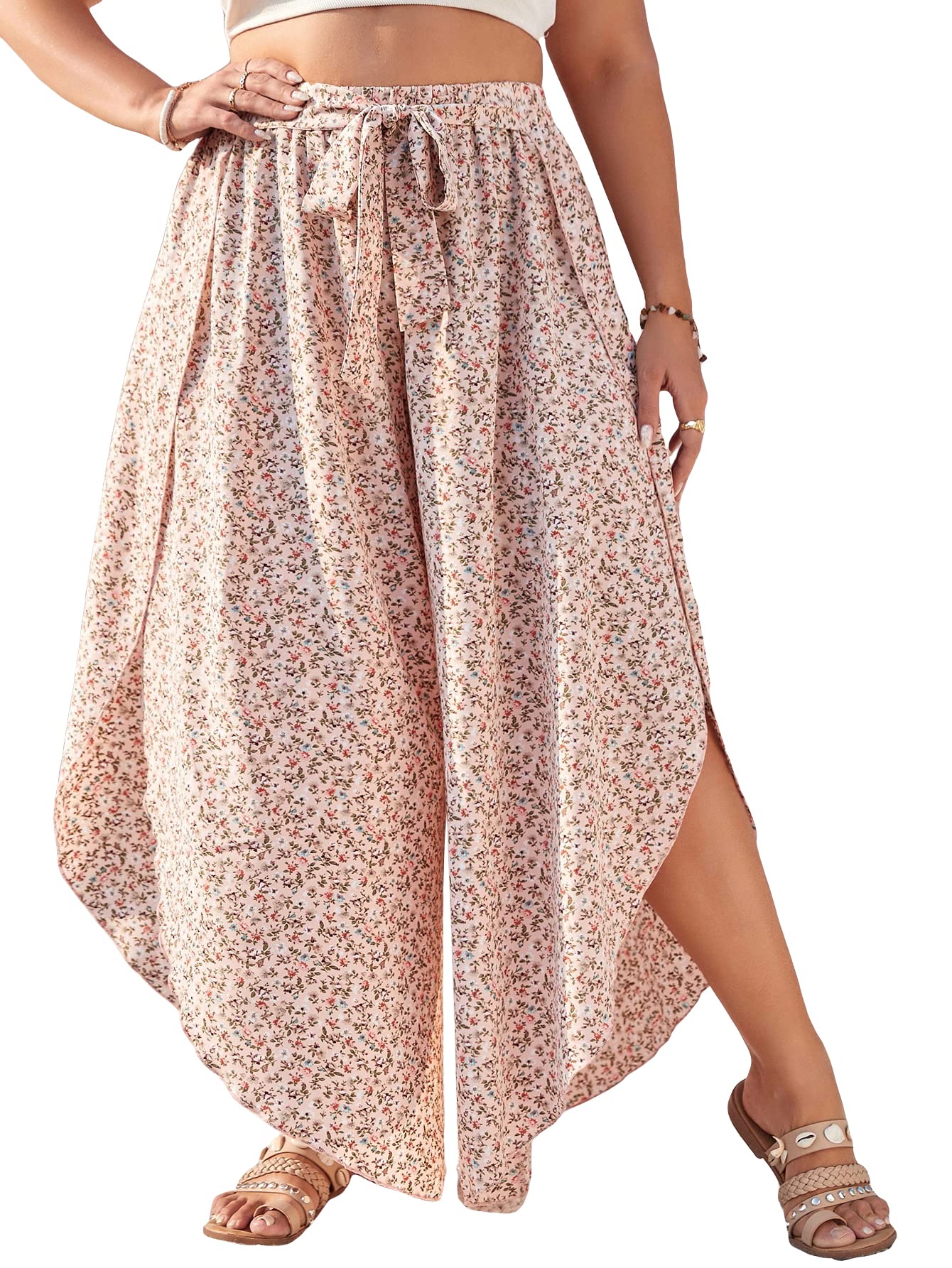 MakeMeChic Women's Plus Size Floral High Waist Tie Front Split Flowy Wide Leg Pants