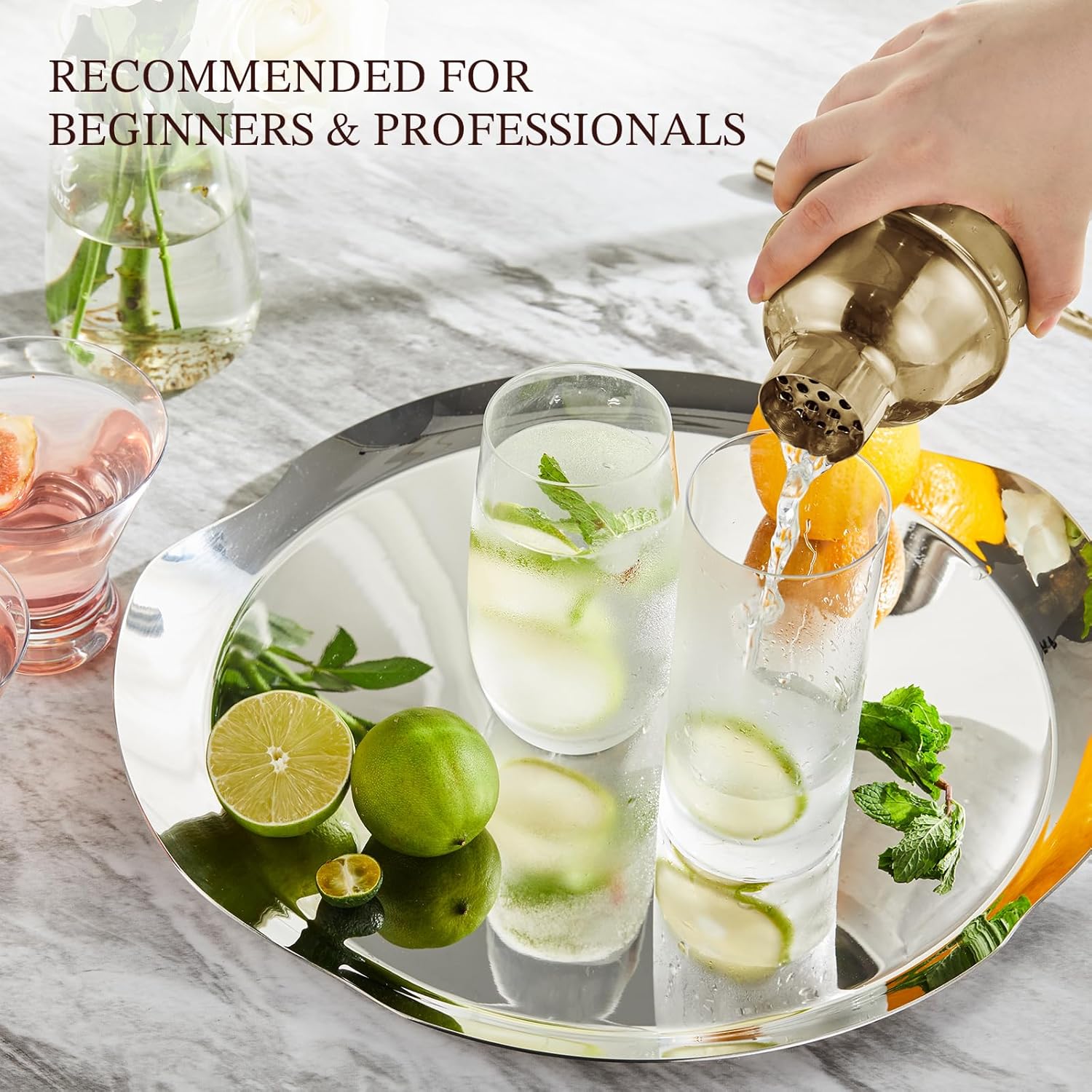 KITESSENSU Cocktail Shaker Set, Stainless Steel Bartending Kit with 25 Ounce Cocktail Shaker with Built in Drink Strainer, Measuring Jigger, Mixing Spoon & Drink Recipe Guide, Gold