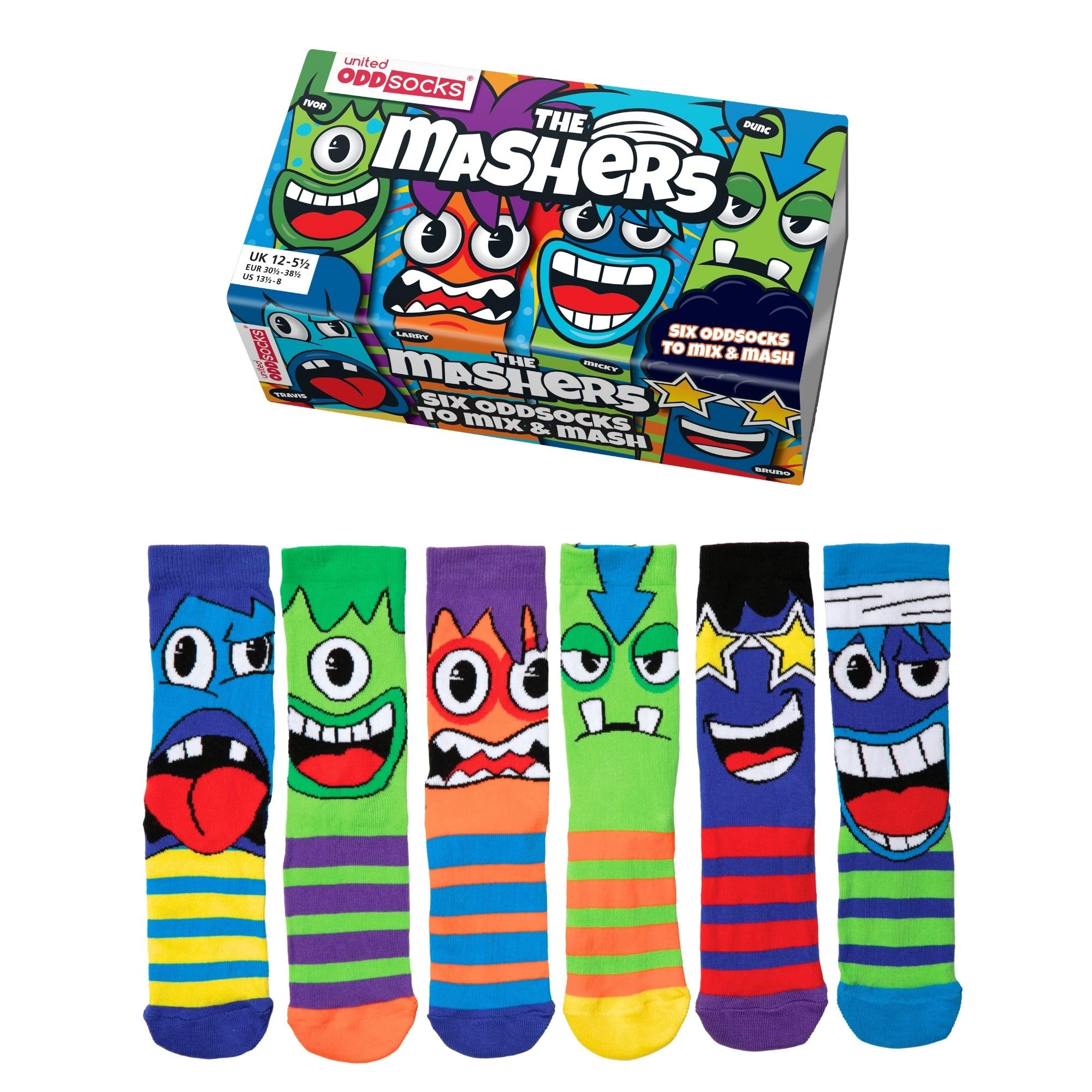 United Oddsocks Mashers Gift Box for Boys – 6 Colorful Monster-Themed Mismatched Socks, 15 Mix & Match Combos – UK 12–6, EUR 30.5–38.5, US 13.5–8 – Fun Novelty Sock Set for Kids with Gift Packaging